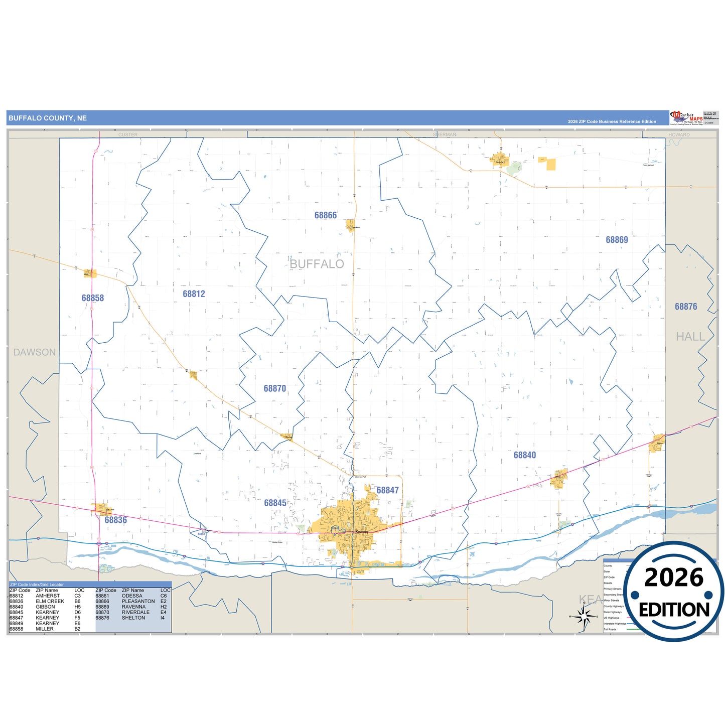 Buffalo County, NE Business Reference 5 Digit ZIP Code Wall Map