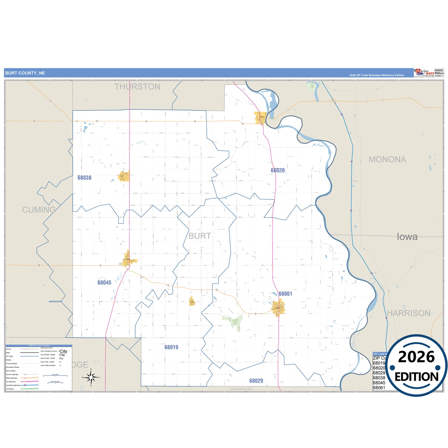 Burt County, NE Business Reference 5 Digit ZIP Code Wall Map