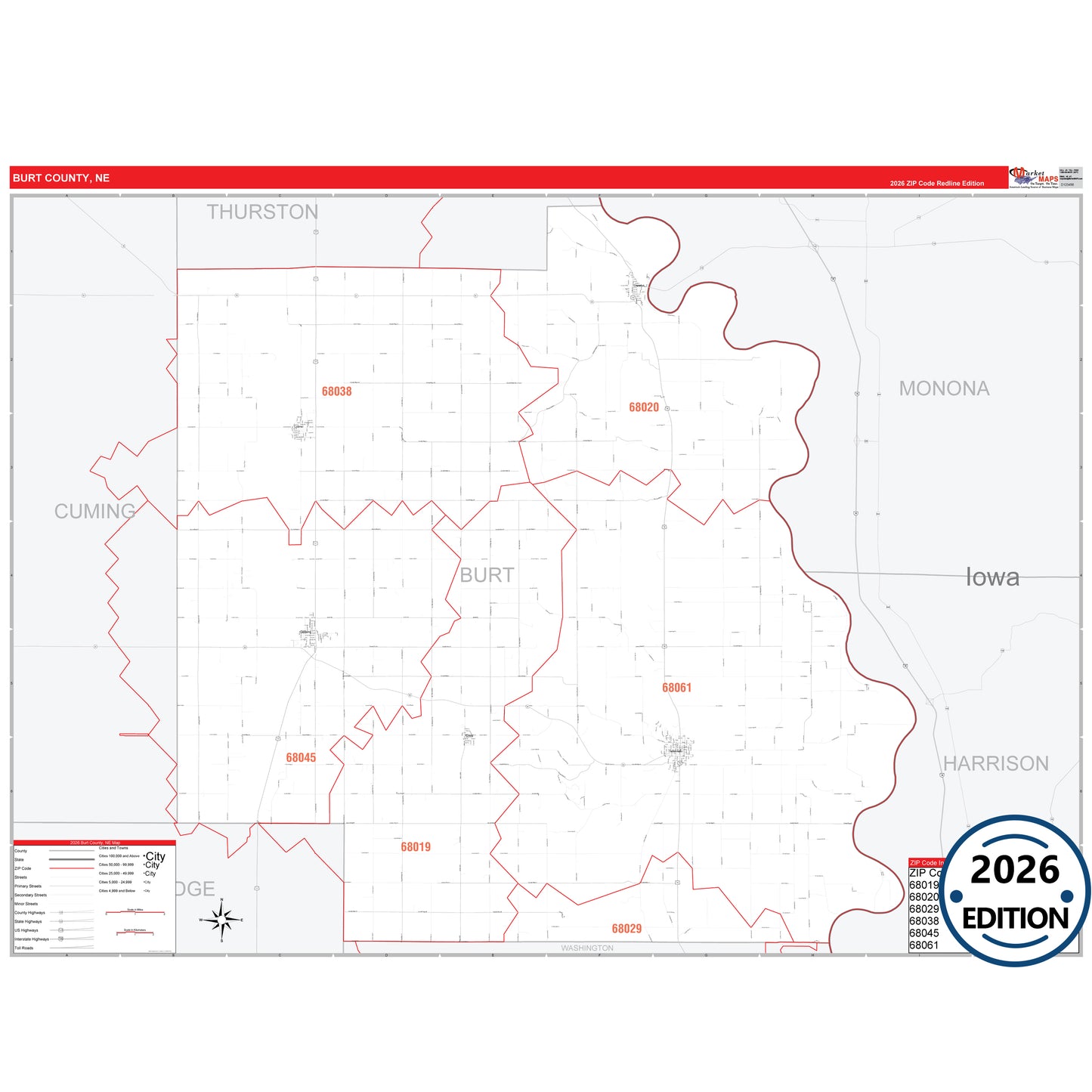 Burt County, NE Red Line 5 Digit ZIP Code Wall Map
