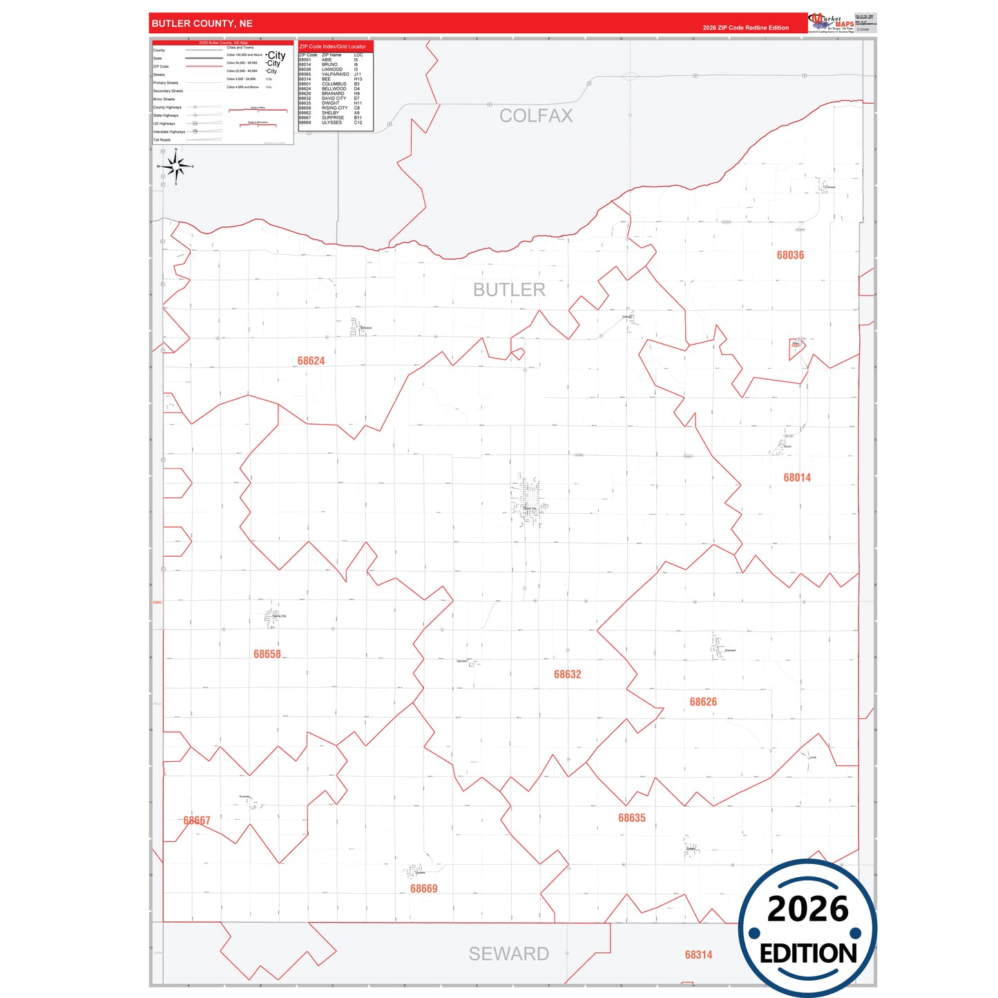 Butler County, NE Red Line 5 Digit ZIP Code Wall Map