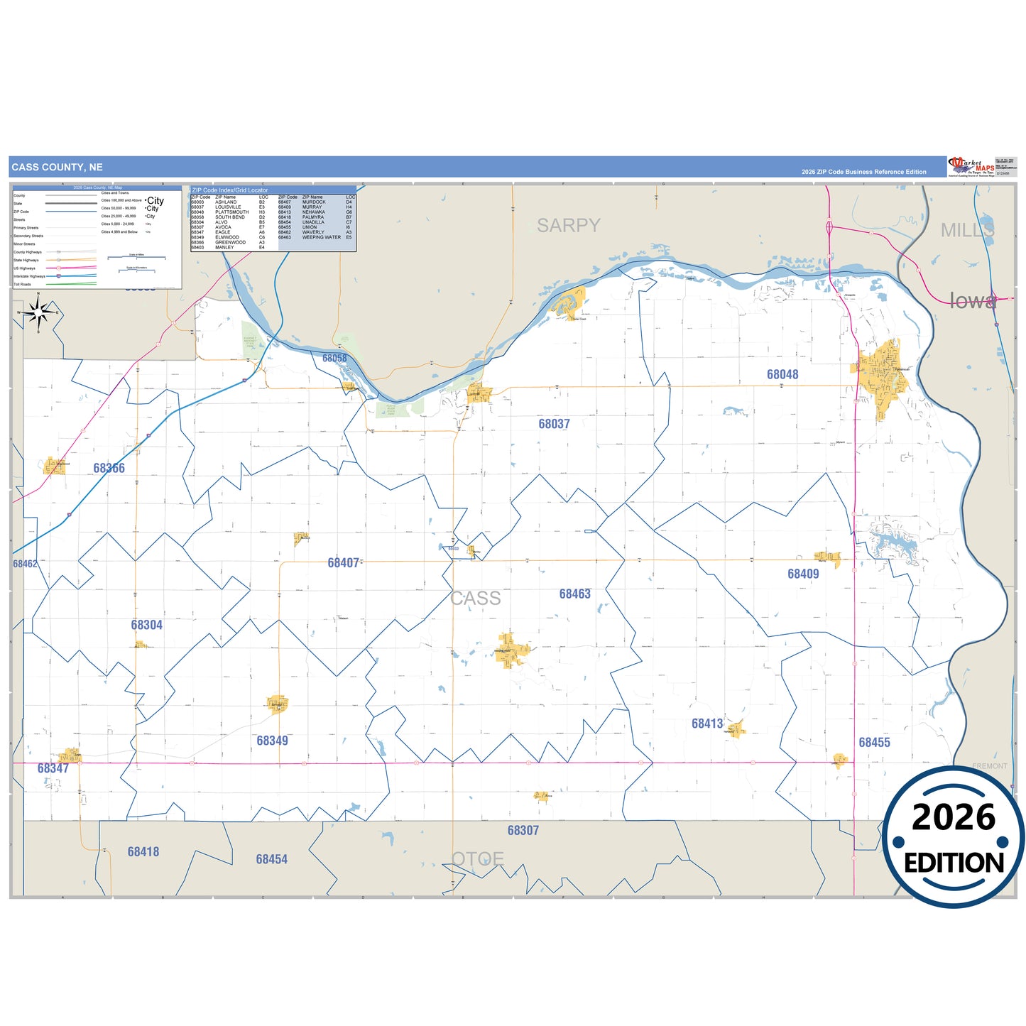 Cass County, NE Business Reference 5 Digit ZIP Code Wall Map