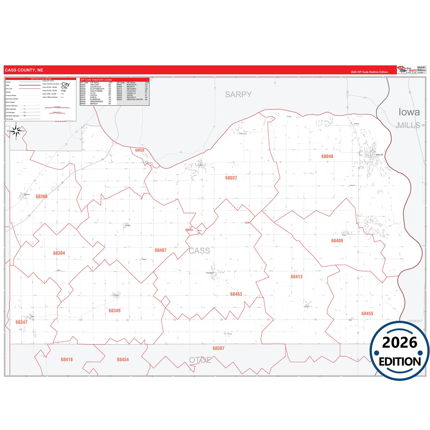 Cass County, NE Red Line 5 Digit ZIP Code Wall Map