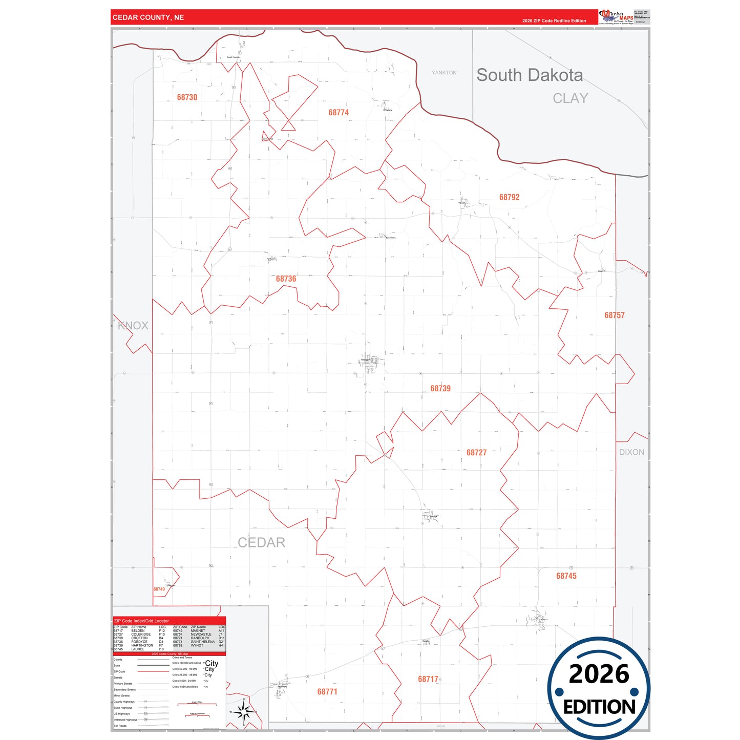 Cedar County, NE Red Line 5 Digit ZIP Code Wall Map