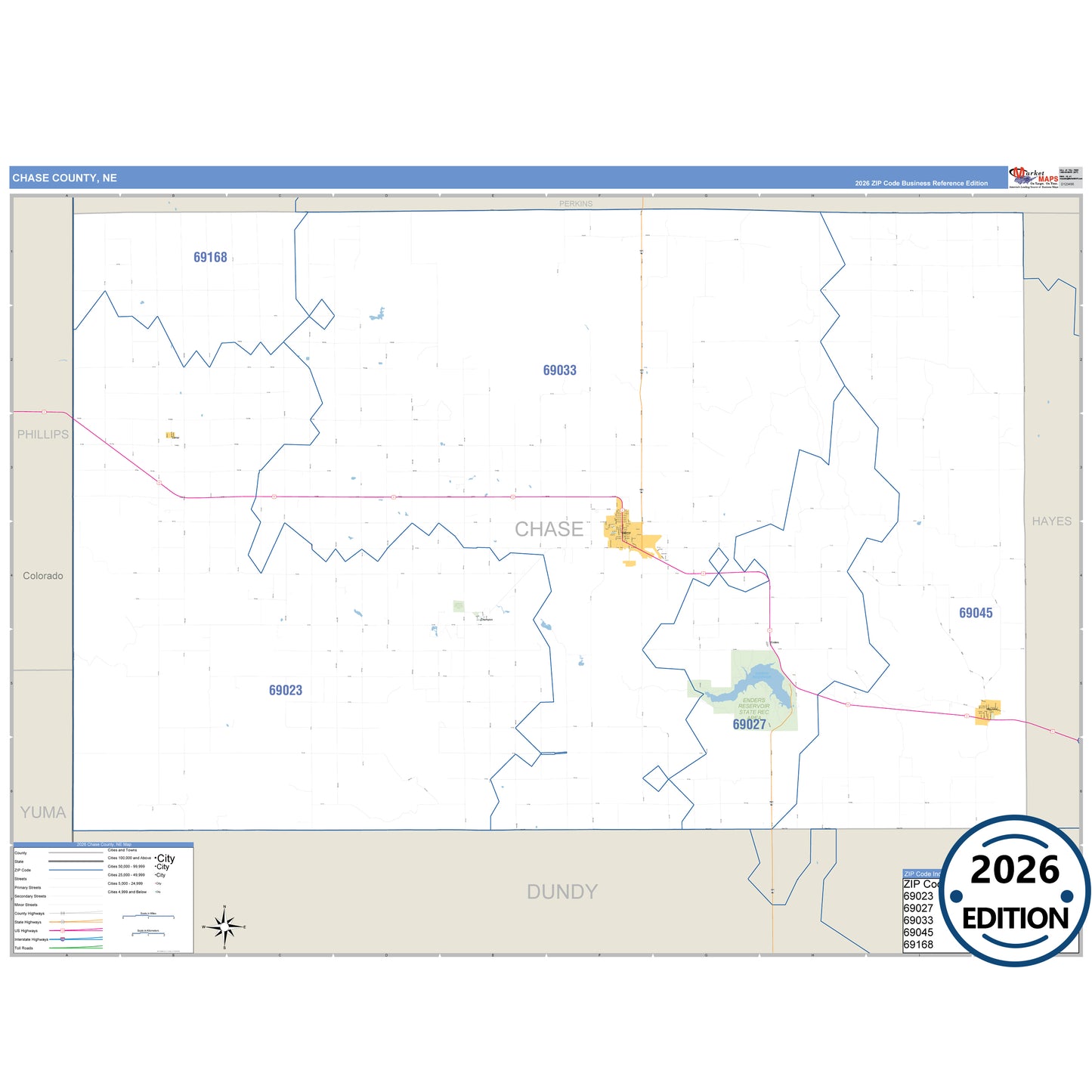 Chase County, NE Business Reference 5 Digit ZIP Code Wall Map