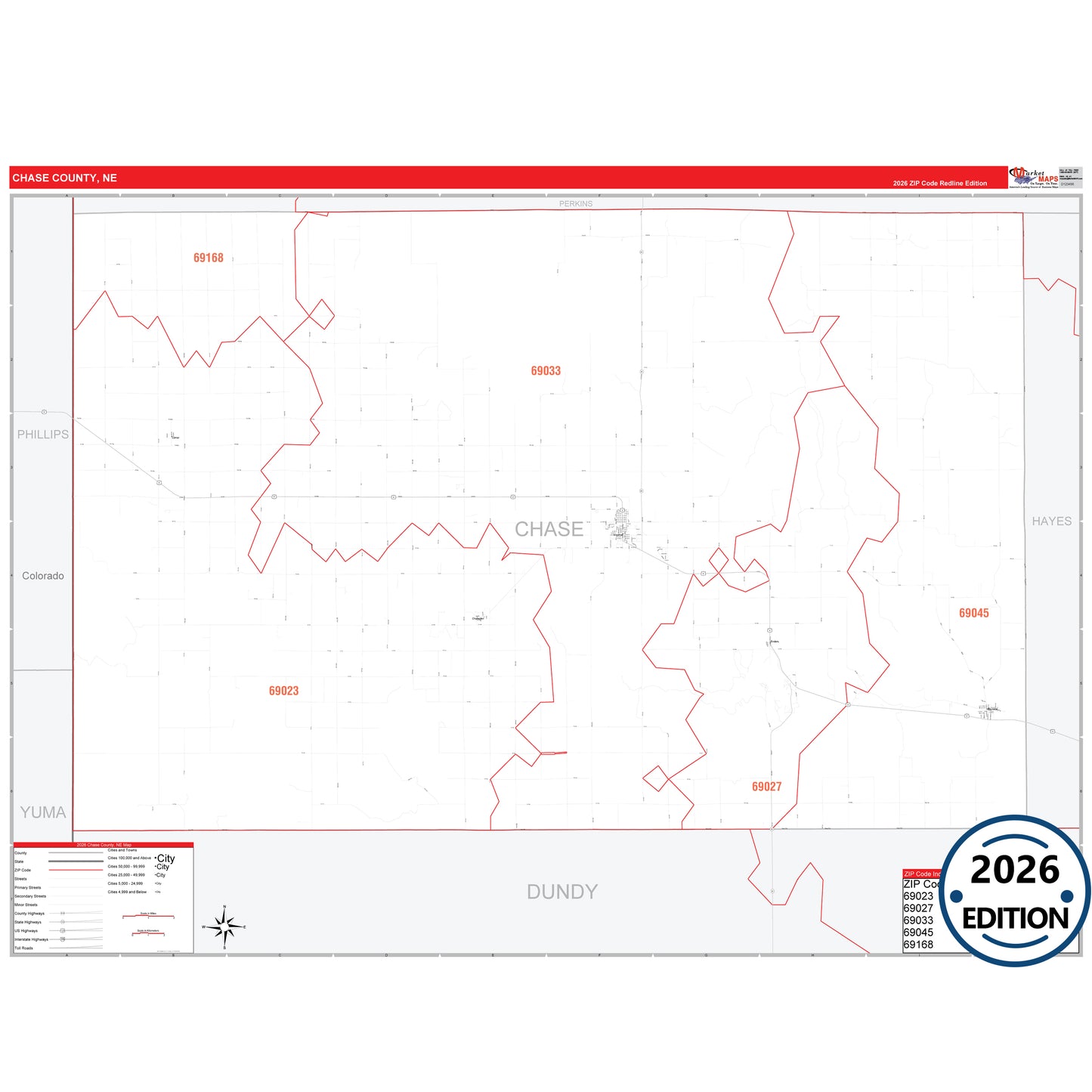 Chase County, NE Red Line 5 Digit ZIP Code Wall Map