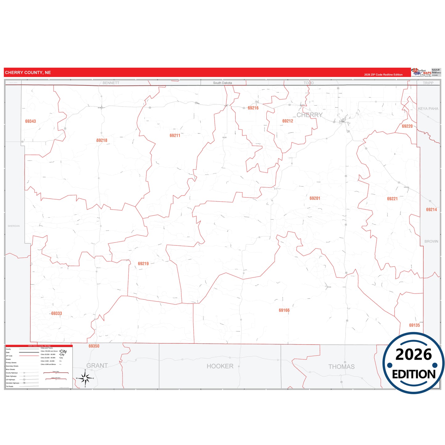 Cherry County, NE Red Line 5 Digit ZIP Code Wall Map