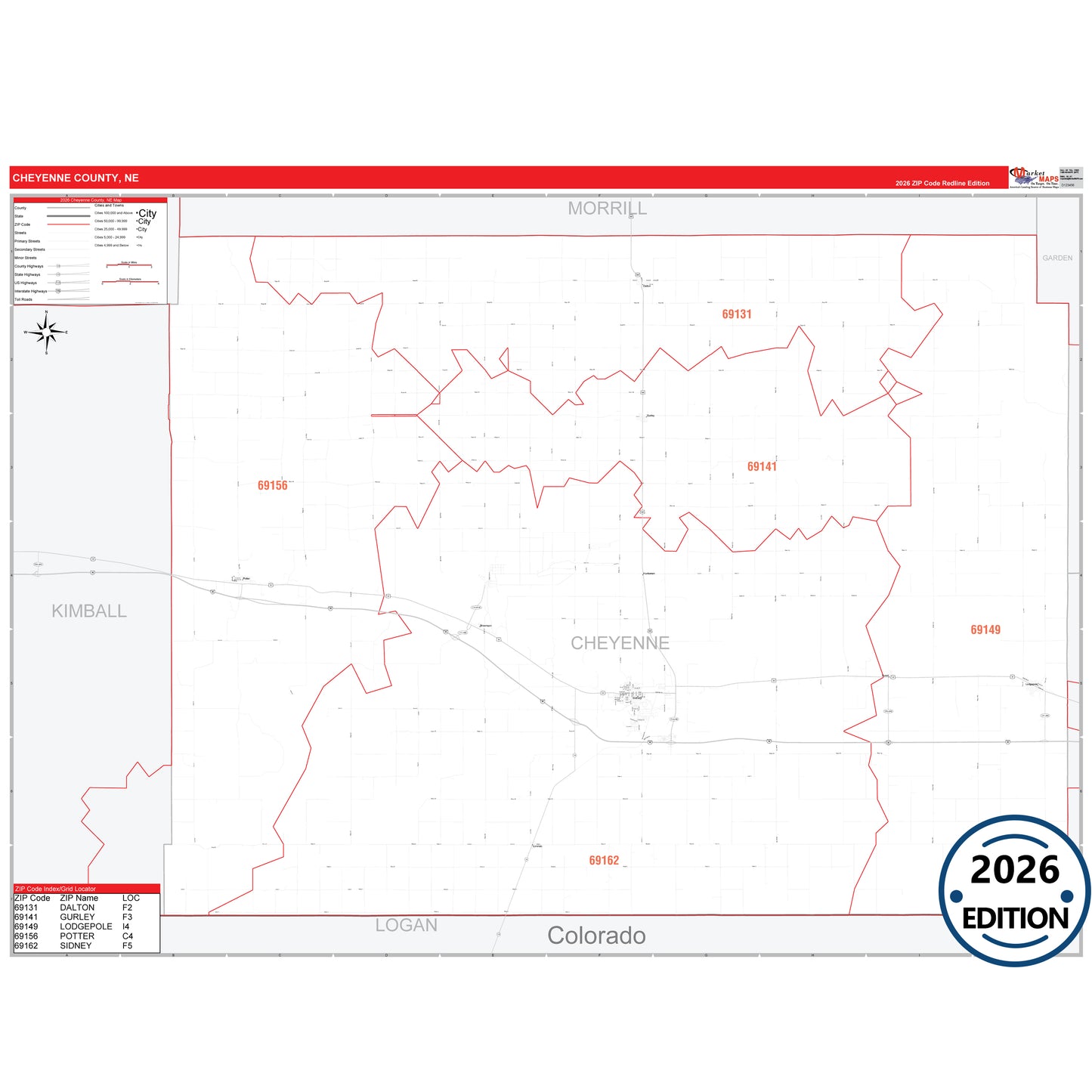Cheyenne County, NE Red Line 5 Digit ZIP Code Wall Map