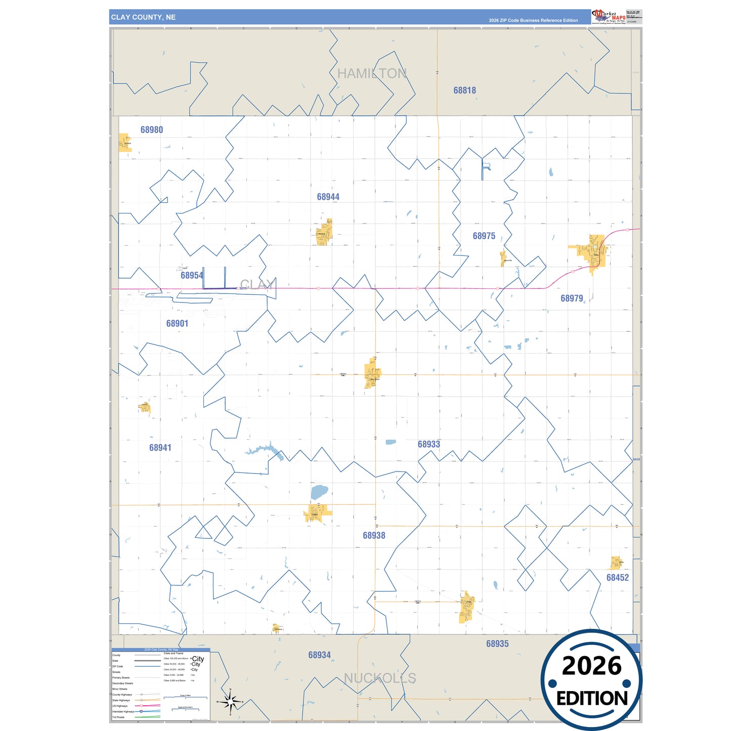 Clay County, NE Business Reference 5 Digit ZIP Code Wall Map