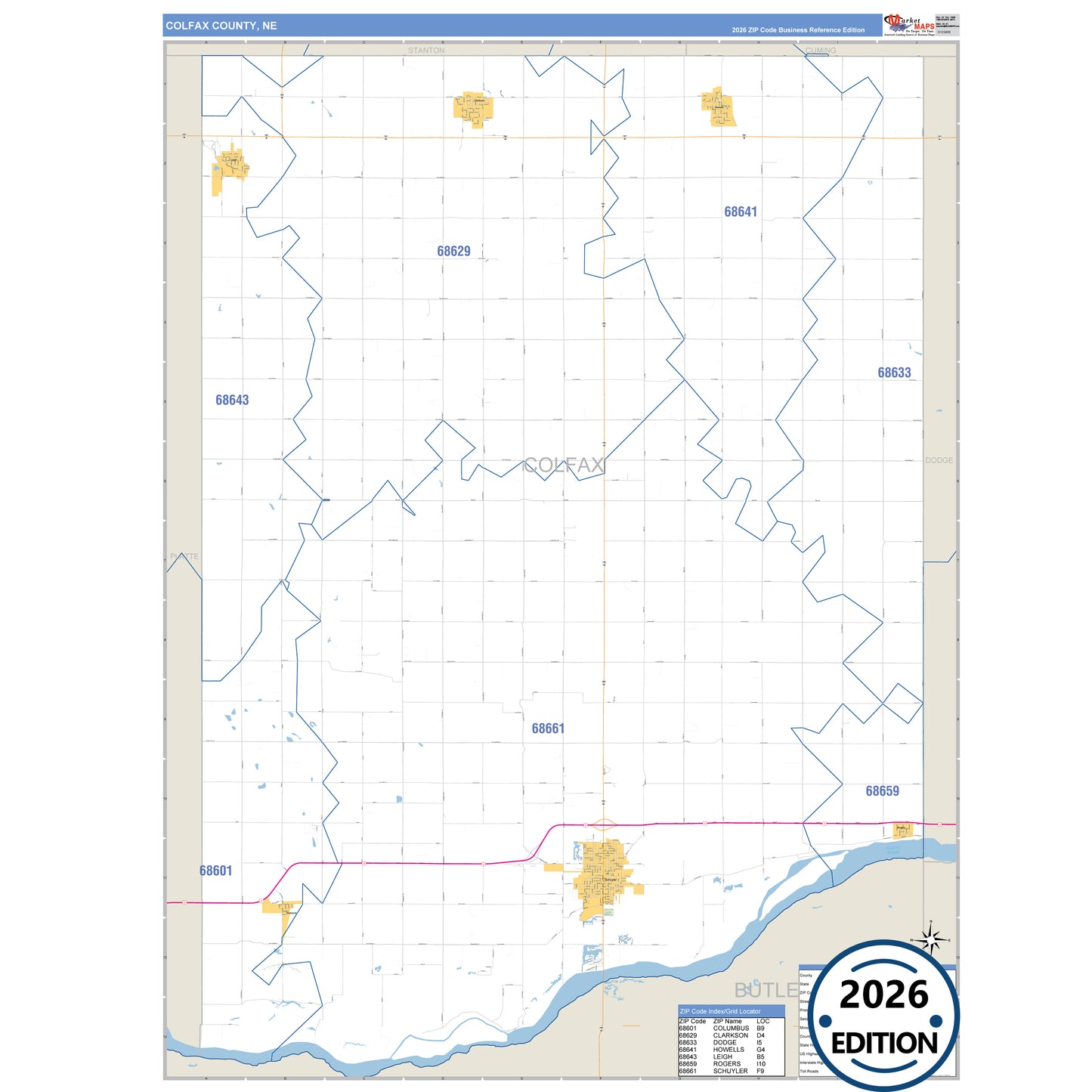 Colfax County, NE Business Reference 5 Digit ZIP Code Wall Map