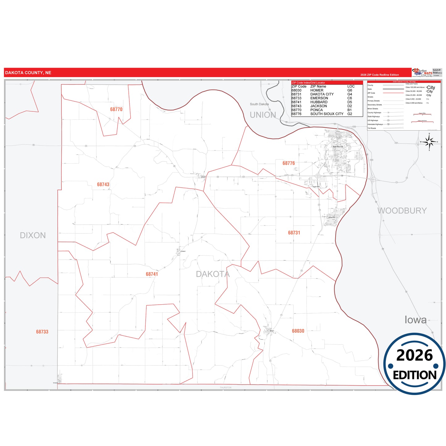 Dakota County, NE Red Line 5 Digit ZIP Code Wall Map