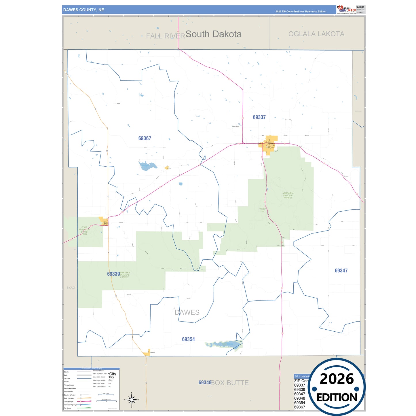 Dawes County, NE Business Reference 5 Digit ZIP Code Wall Map