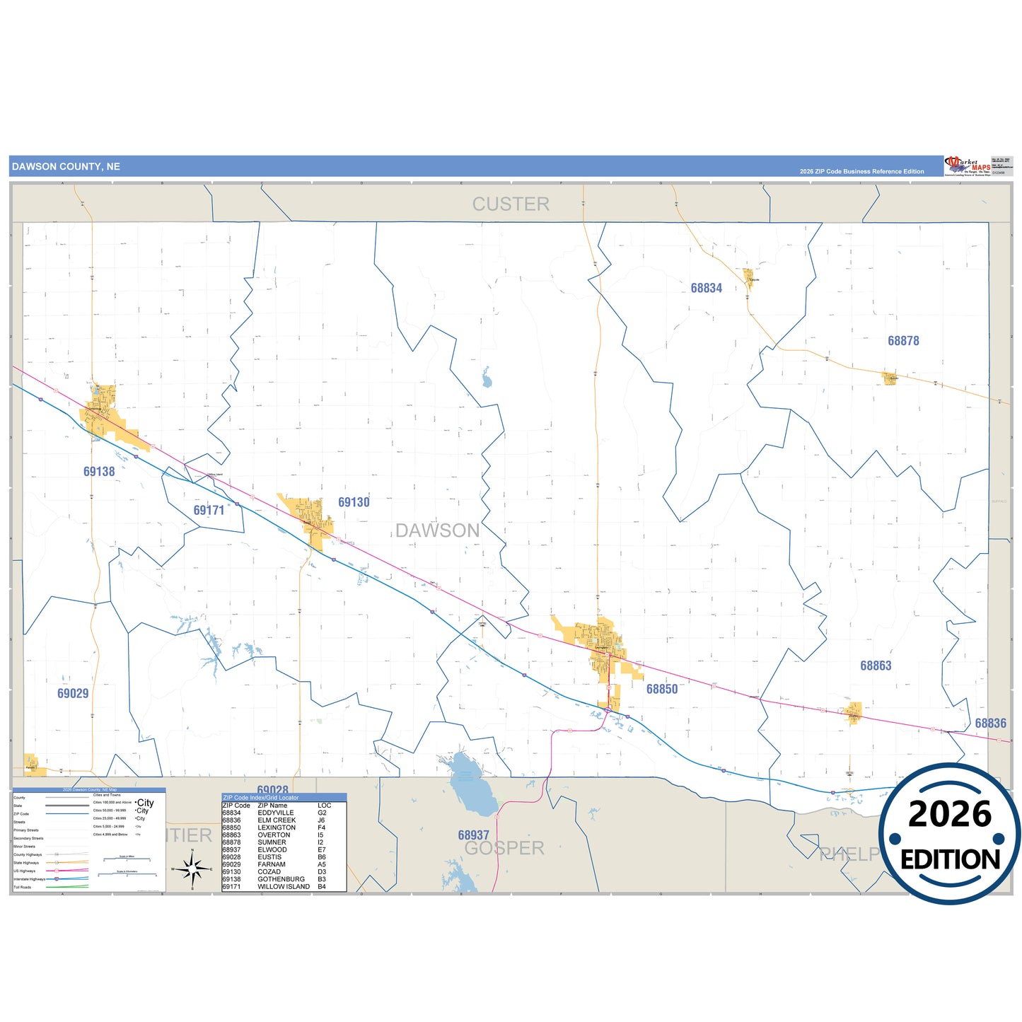 Dawson County, NE Business Reference 5 Digit ZIP Code Wall Map