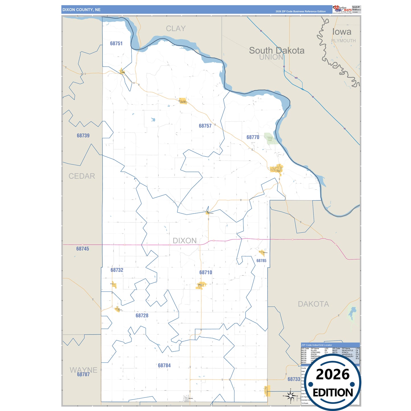 Dixon County, NE Business Reference 5 Digit ZIP Code Wall Map