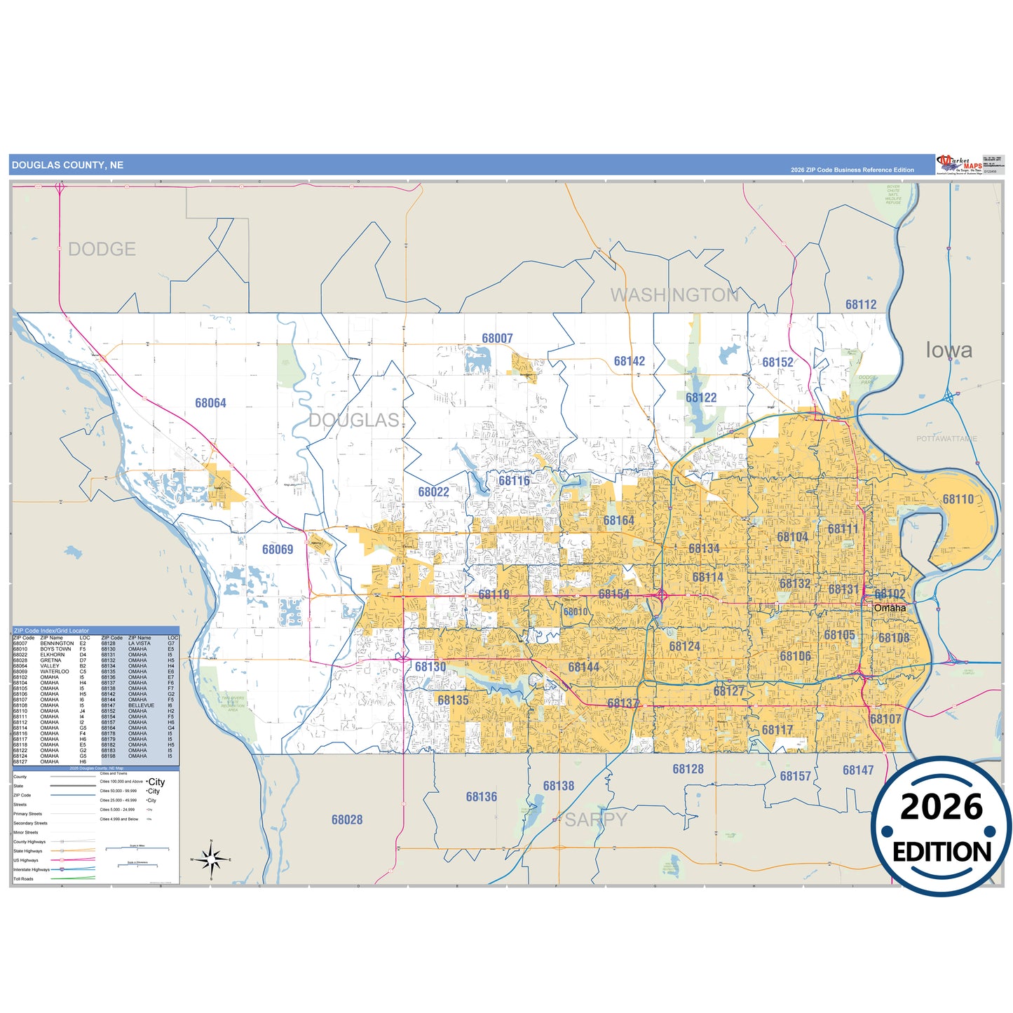 Douglas County, NE Business Reference 5 Digit ZIP Code Wall Map