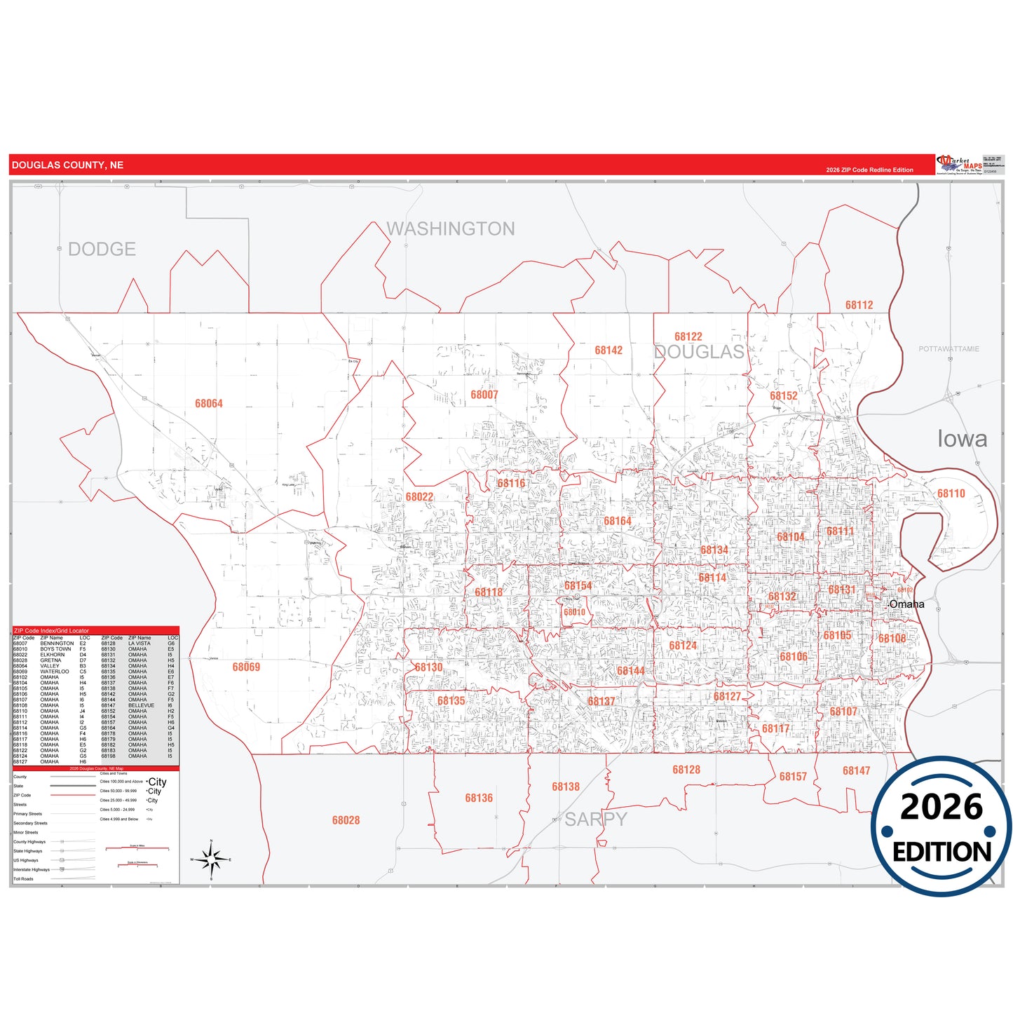 Douglas County, NE Red Line 5 Digit ZIP Code Wall Map