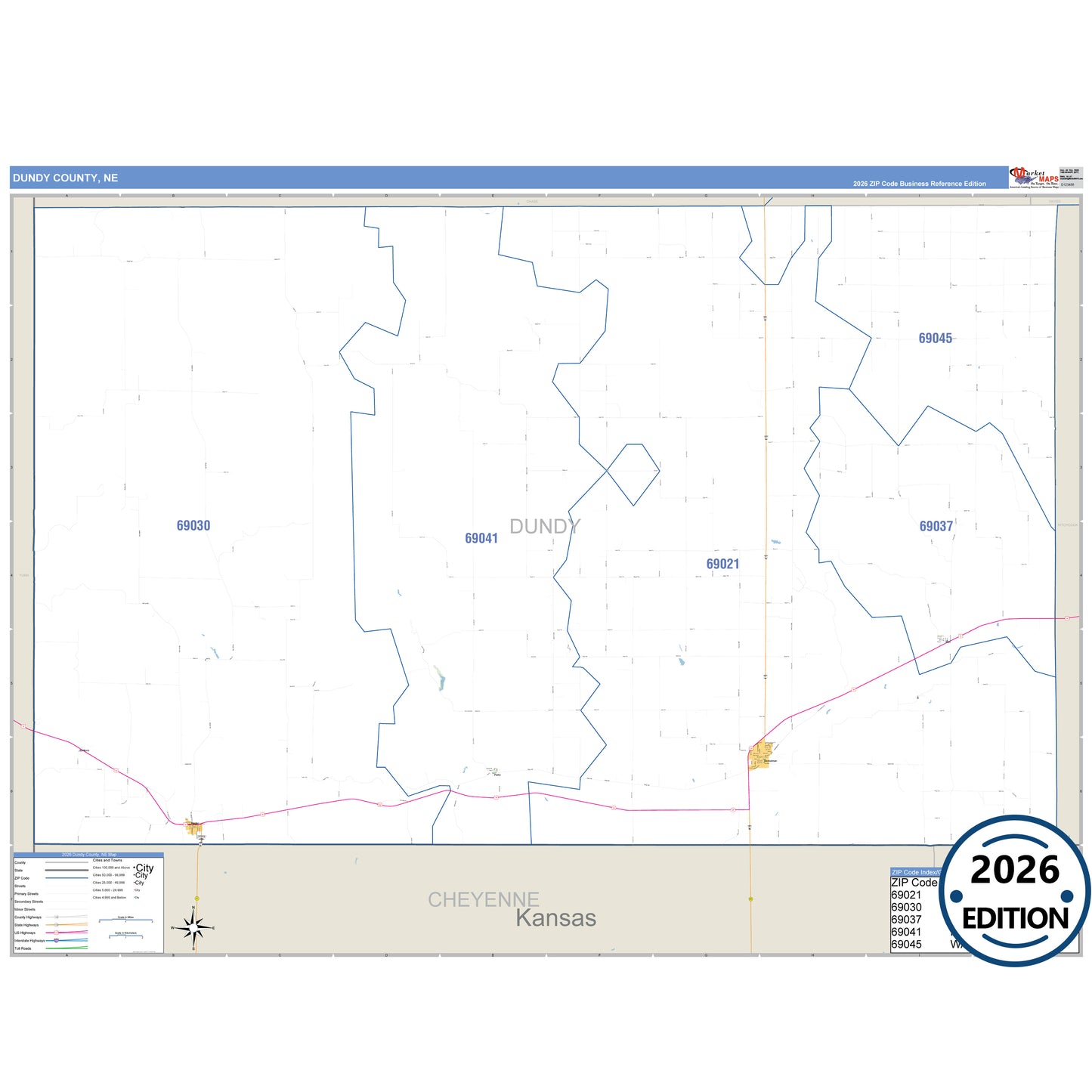 Dundy County, NE Business Reference 5 Digit ZIP Code Wall Map