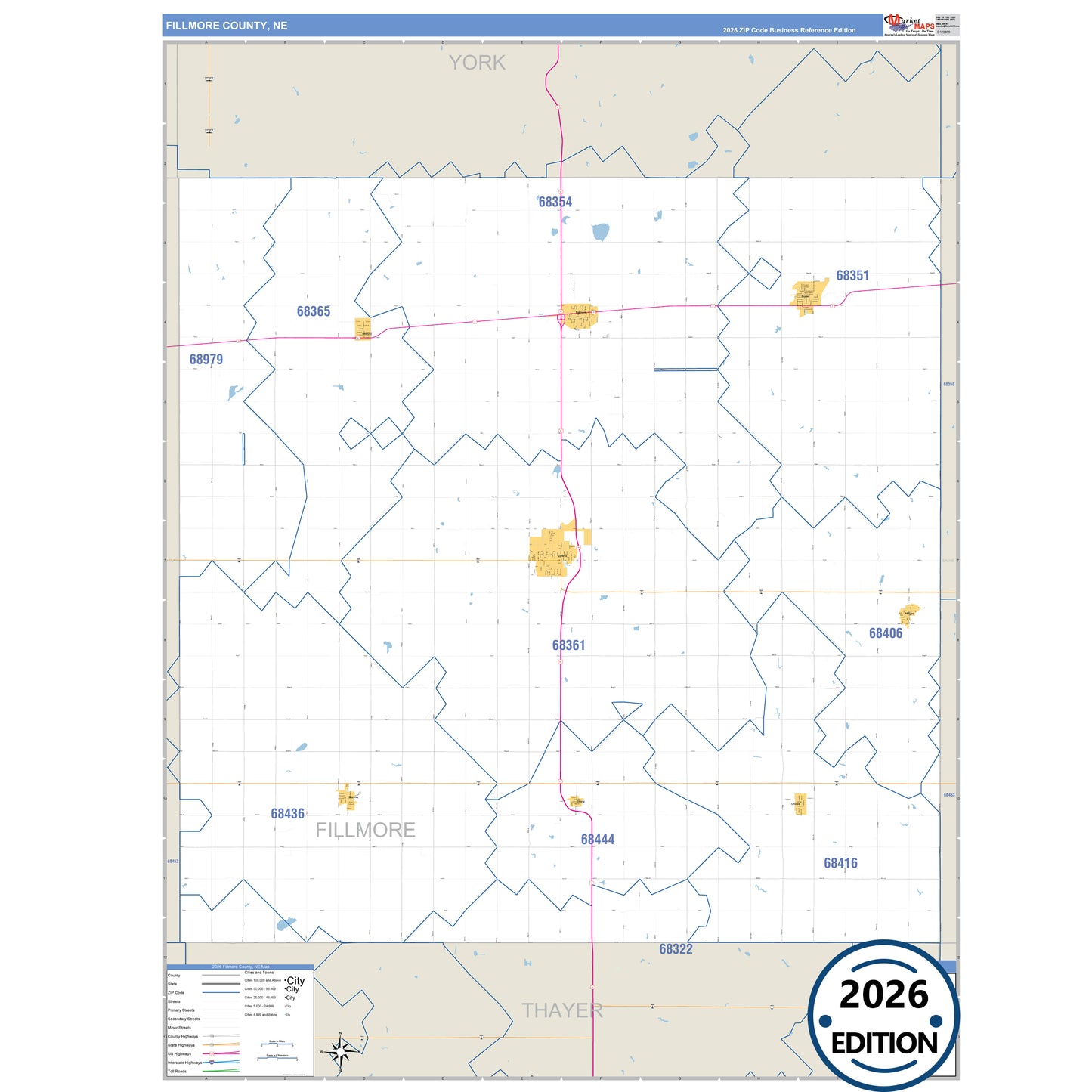 Fillmore County, NE Business Reference 5 Digit ZIP Code Wall Map
