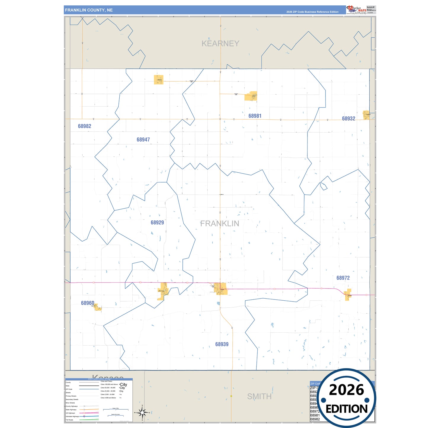 Franklin County, NE Business Reference 5 Digit ZIP Code Wall Map