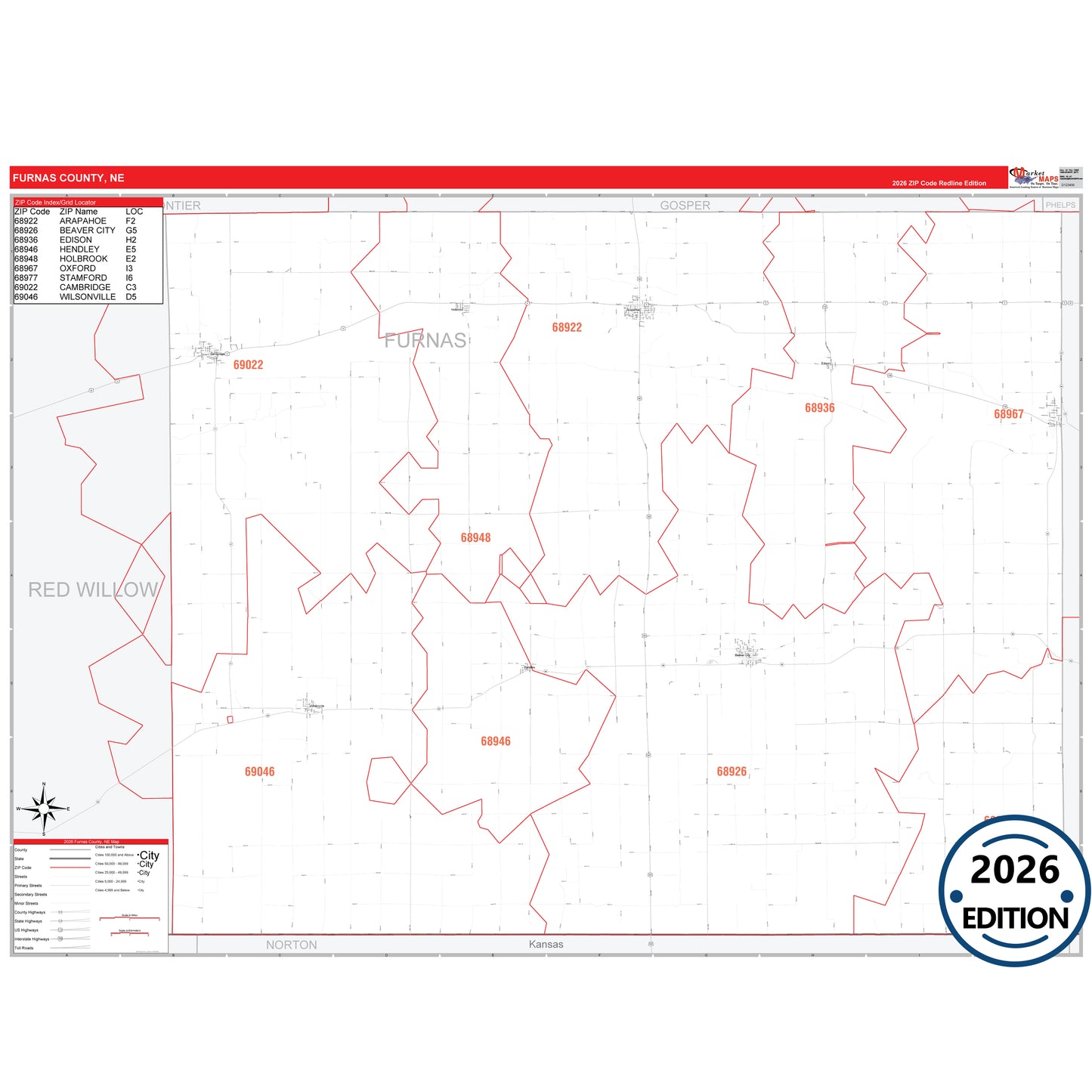 Furnas County, NE Red Line 5 Digit ZIP Code Wall Map