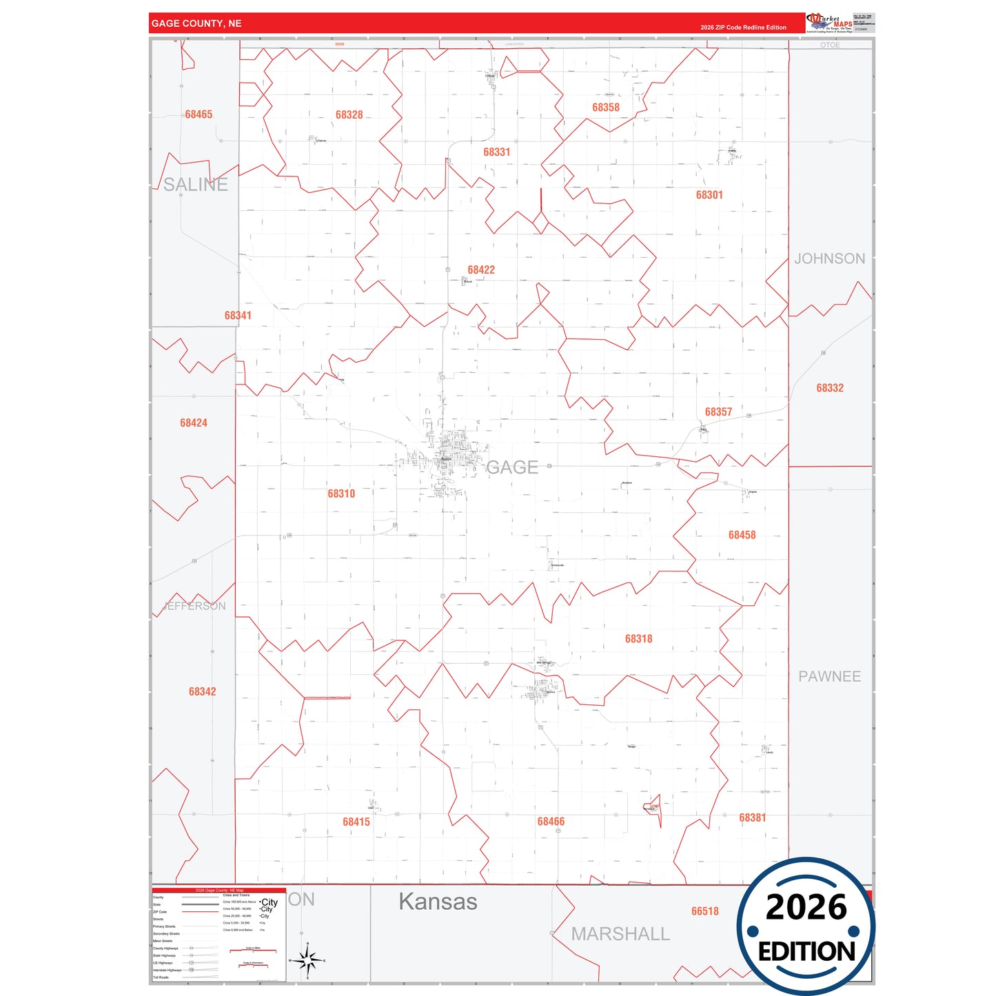 Gage County, NE Red Line 5 Digit ZIP Code Wall Map