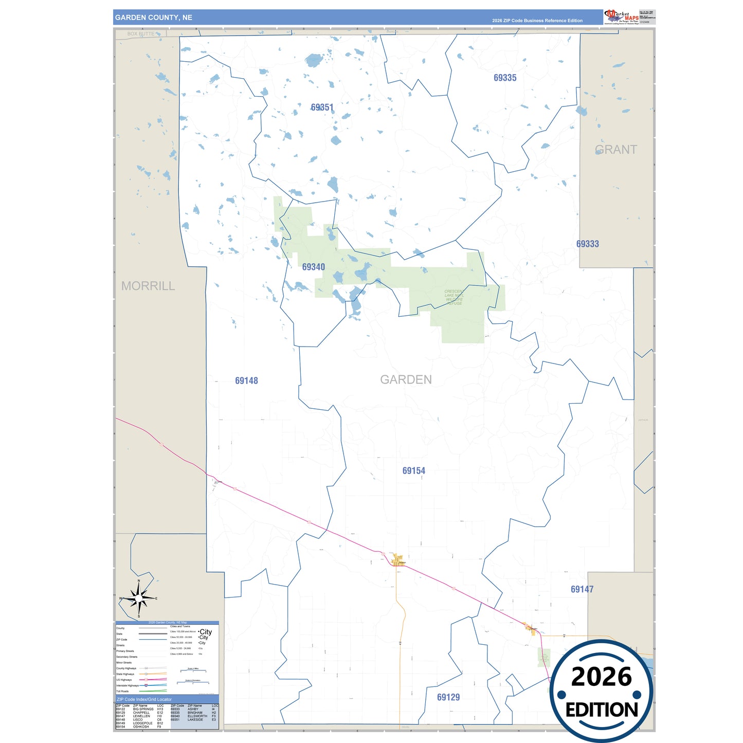 Garden County, NE Business Reference map with detailed roads, cities, and ZIP code boundaries.