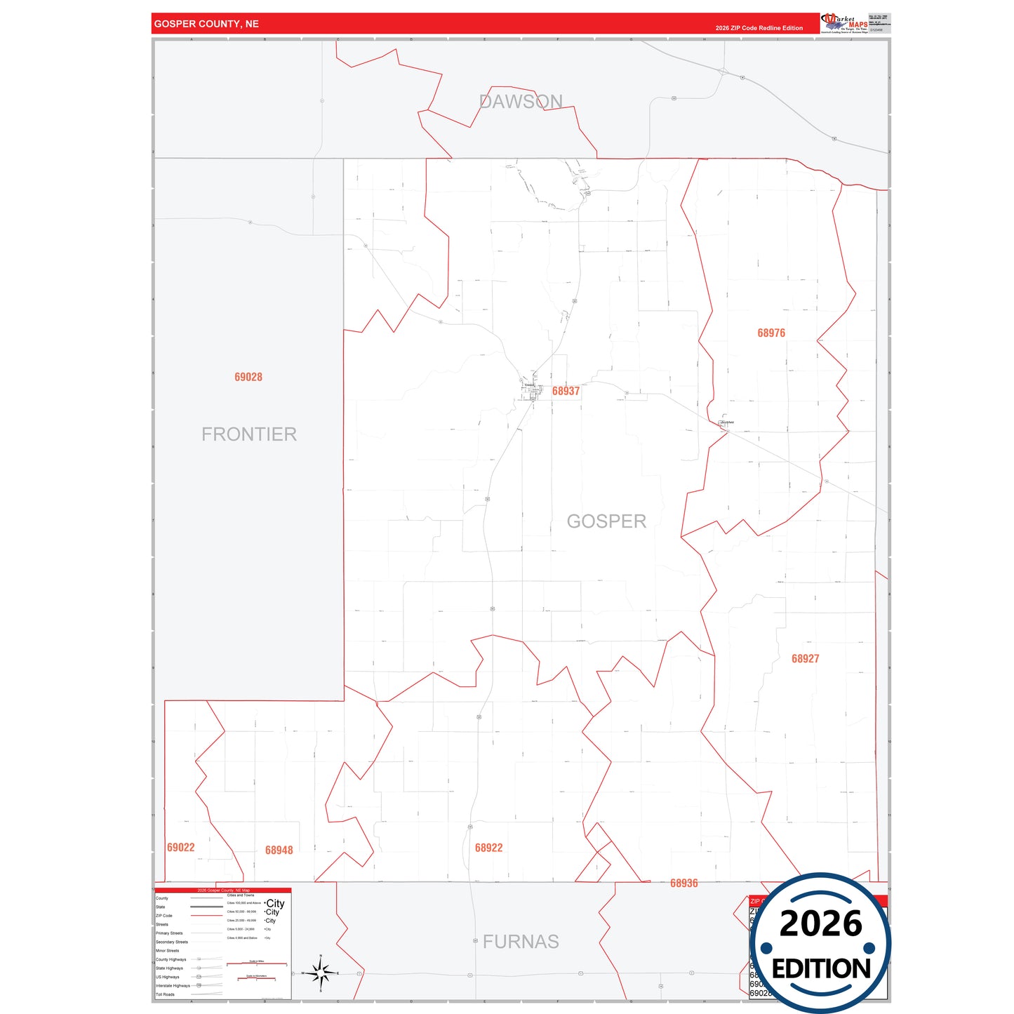 Gosper County, NE Red Line 5 Digit ZIP Code Wall Map