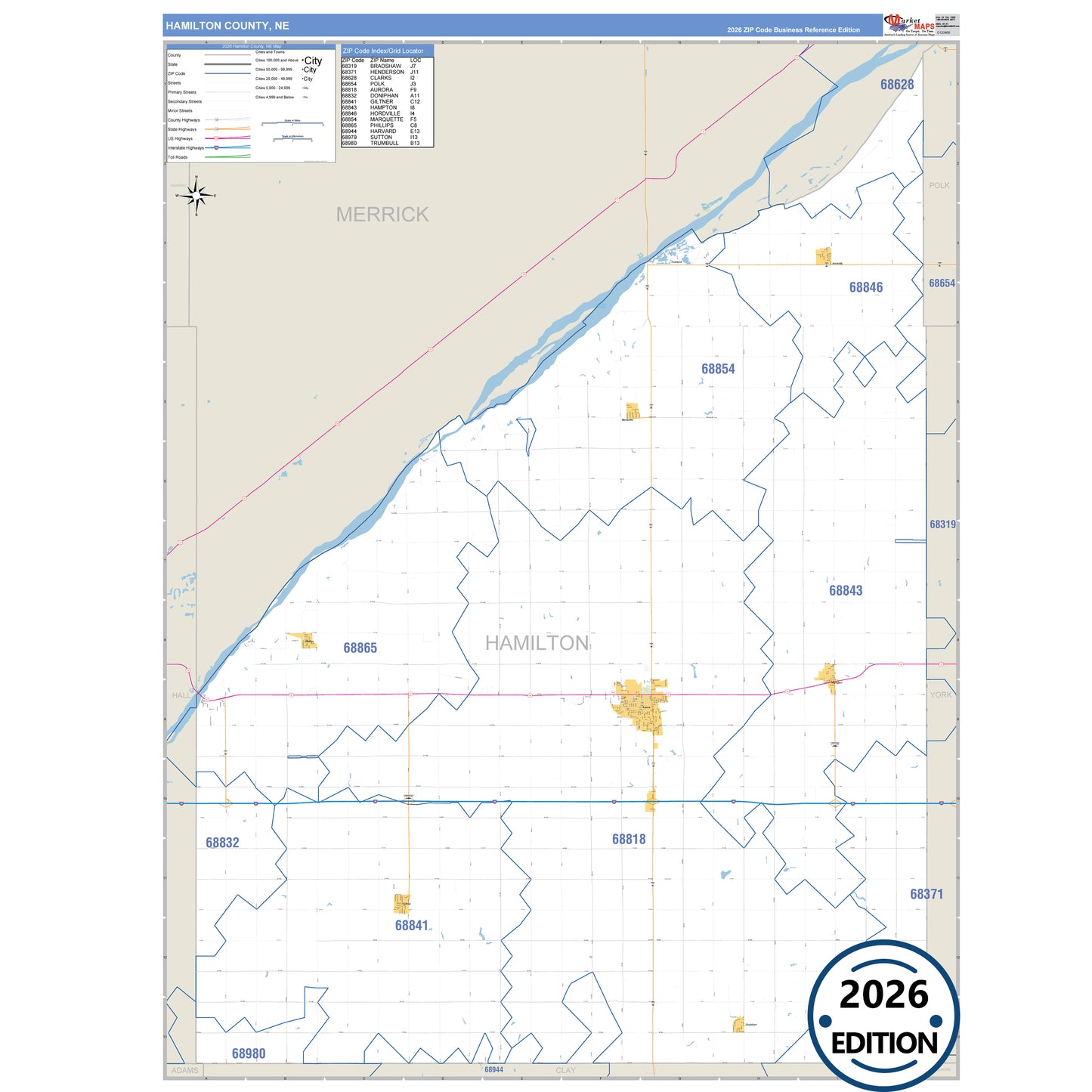 Hamilton County, NE Business Reference 5 Digit ZIP Code Wall Map