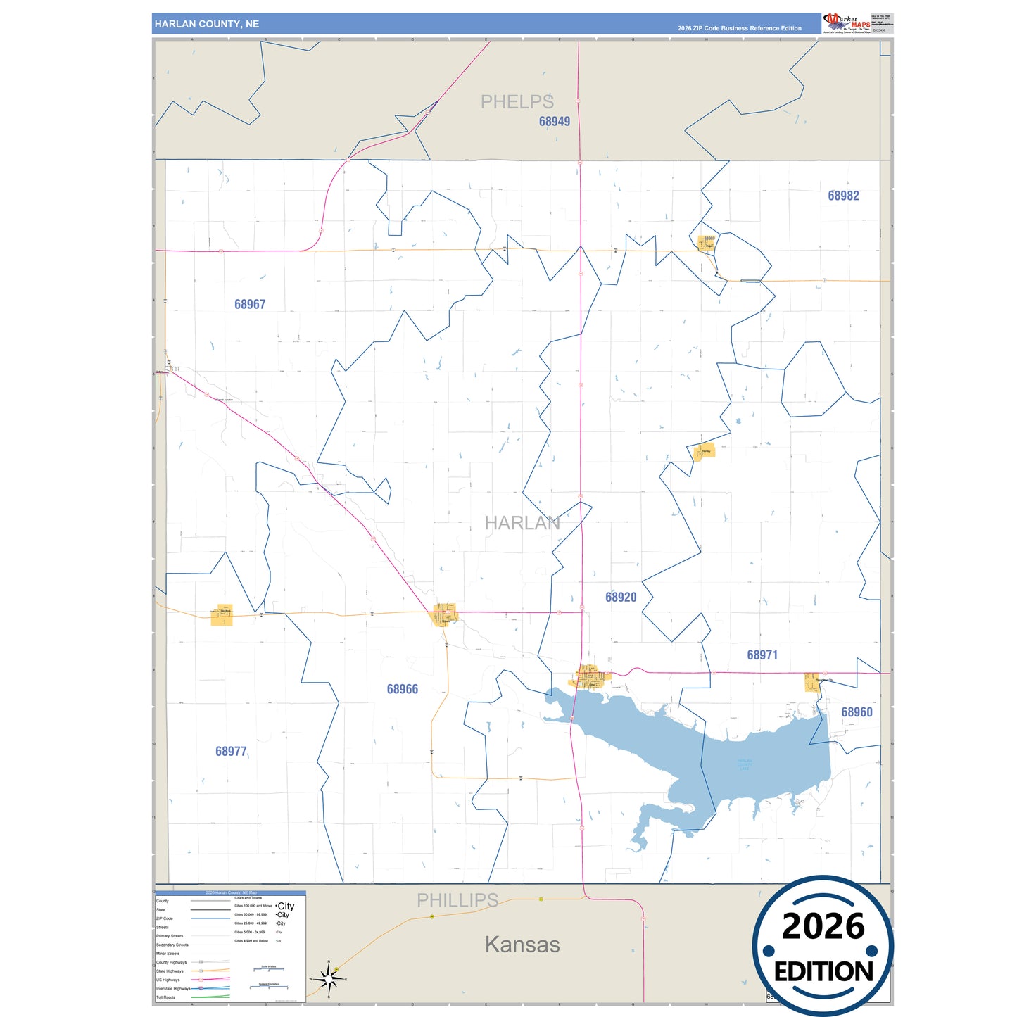 Harlan County, NE Business Reference 5 Digit ZIP Code Wall Map