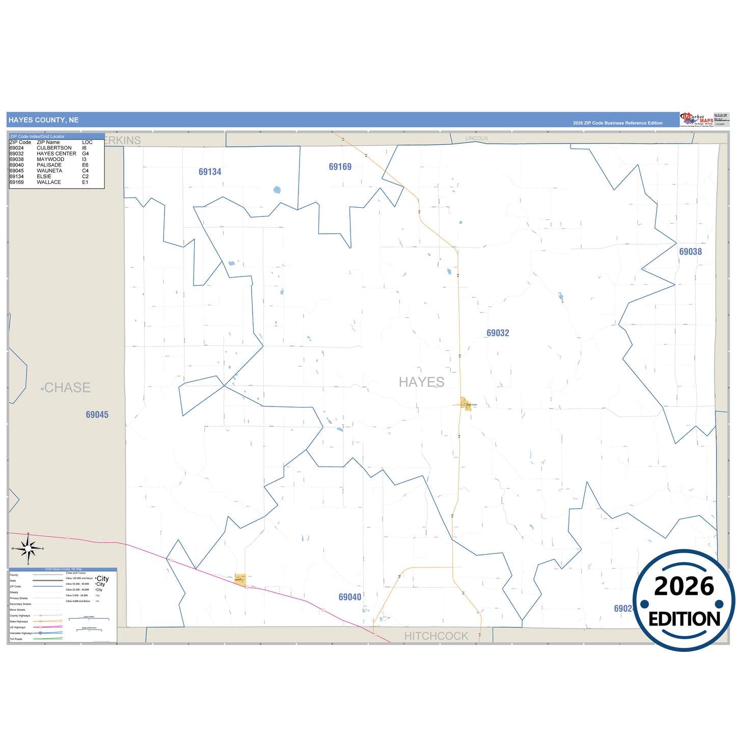 Hayes County, NE Business Reference 5 Digit ZIP Code Wall Map