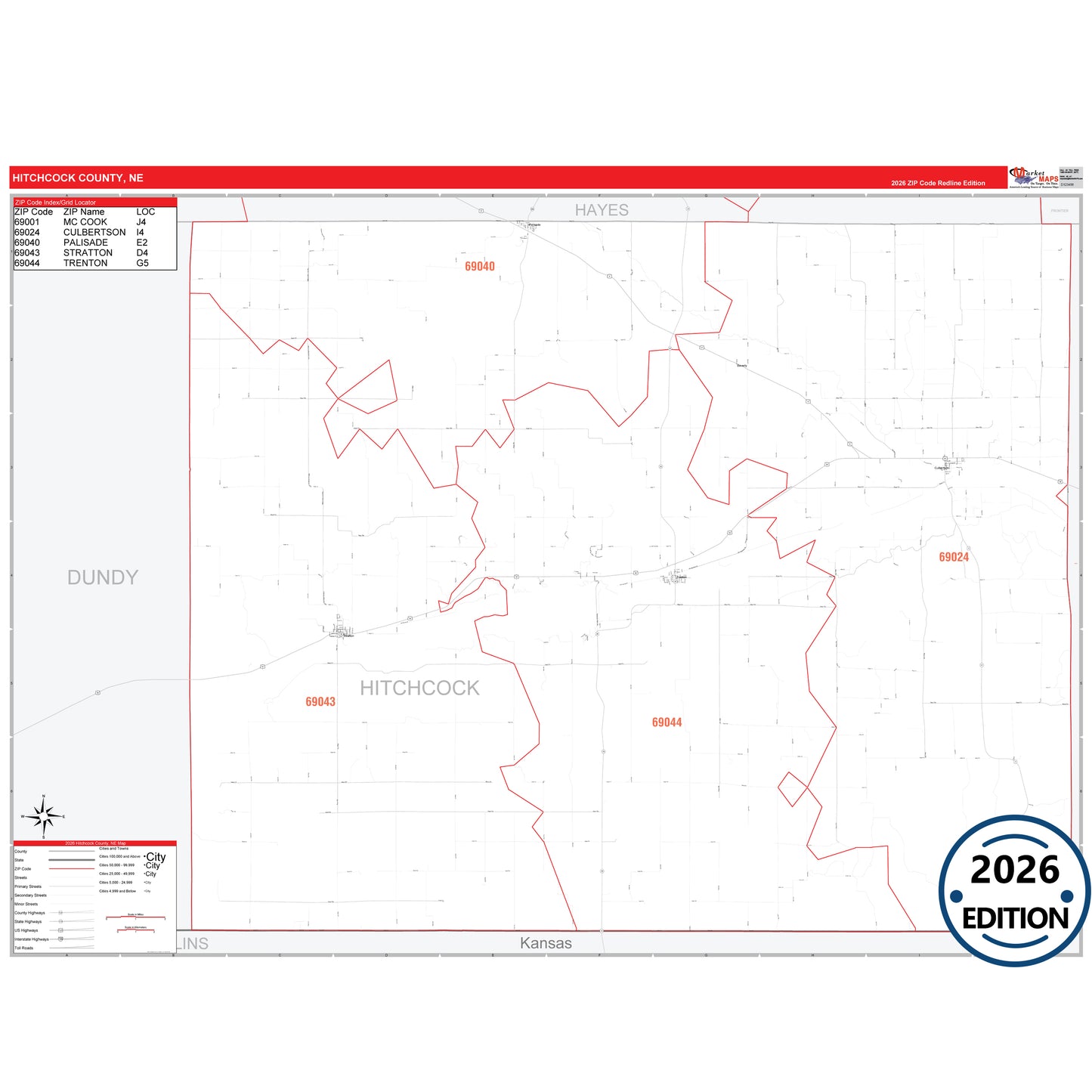Hitchcock County, NE Red Line 5 Digit ZIP Code Wall Map