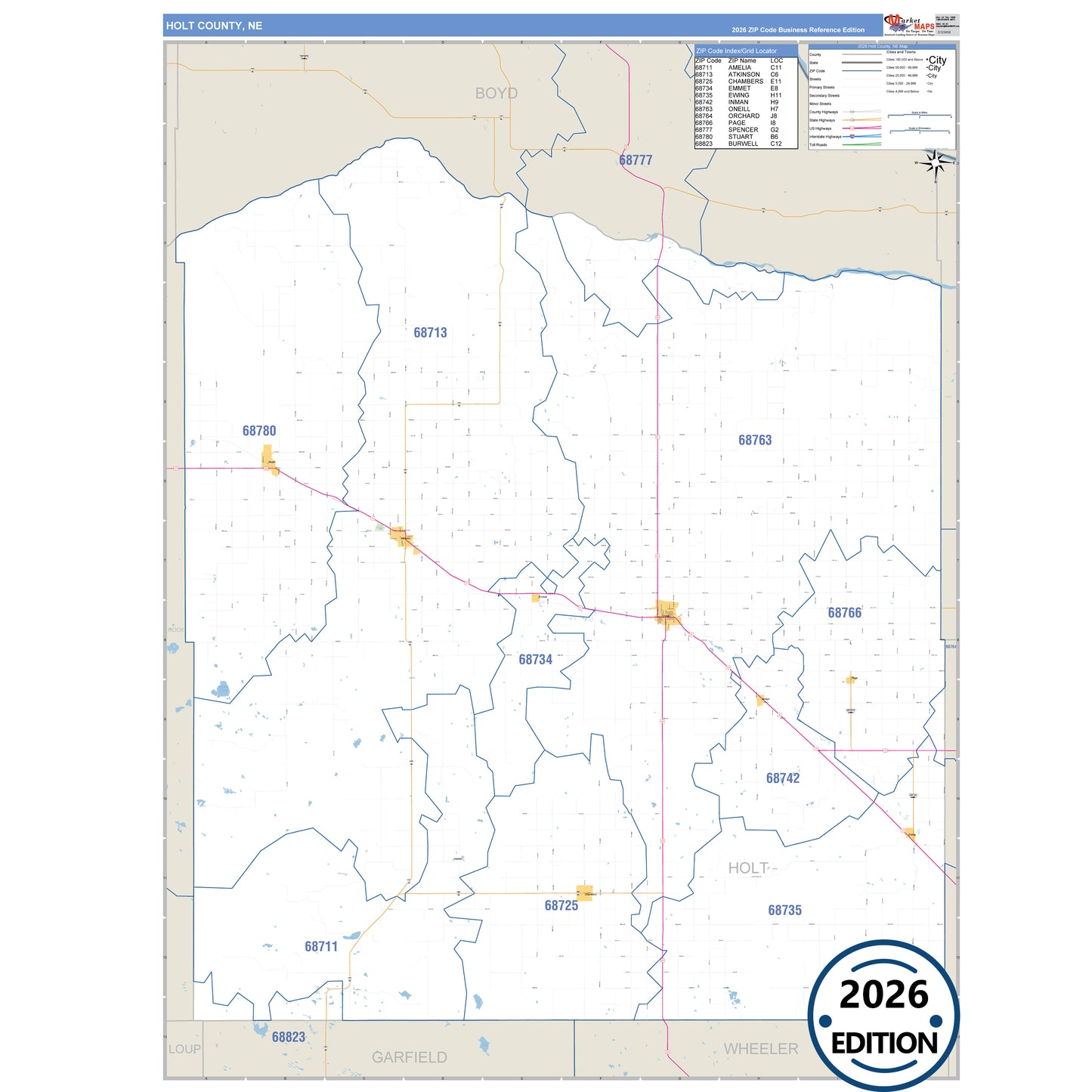 Holt County, NE Business Reference 5 Digit ZIP Code Wall Map