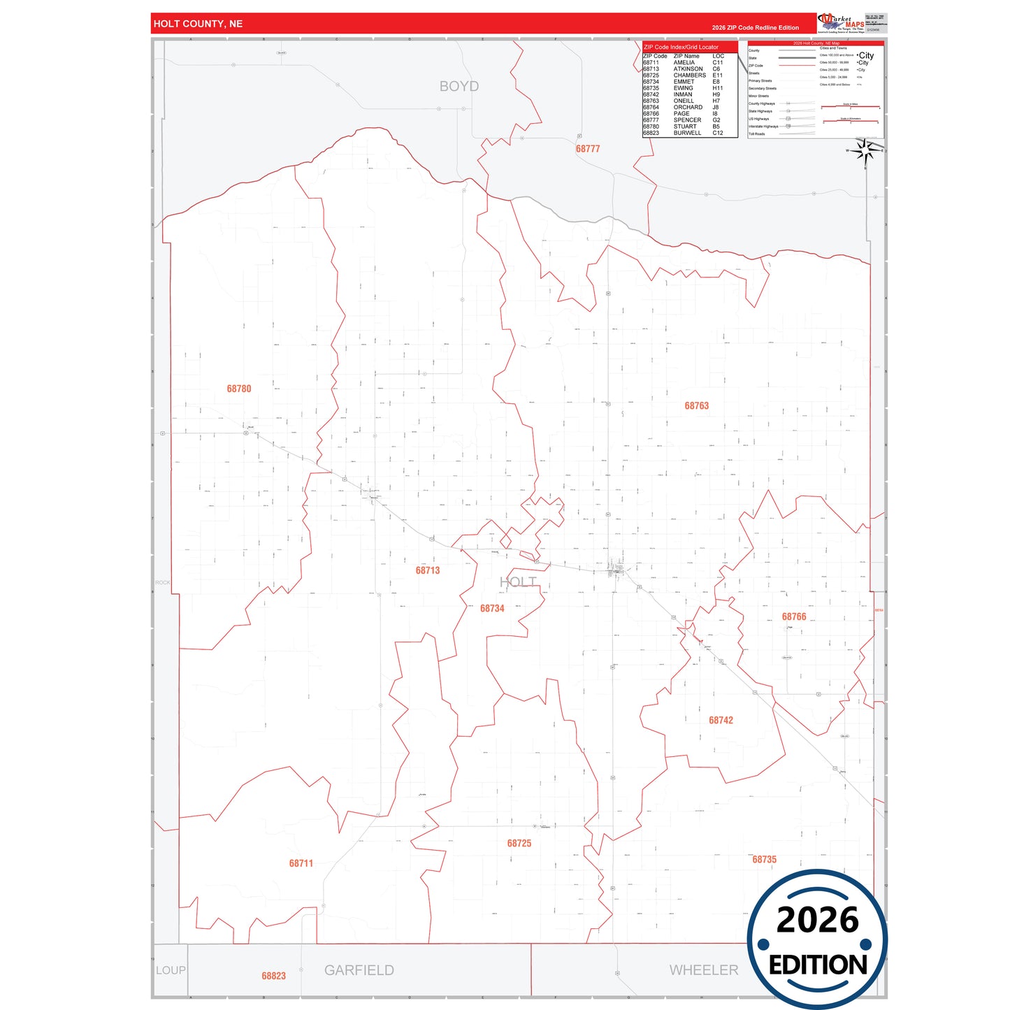 Holt County, NE Red Line 5 Digit ZIP Code Wall Map