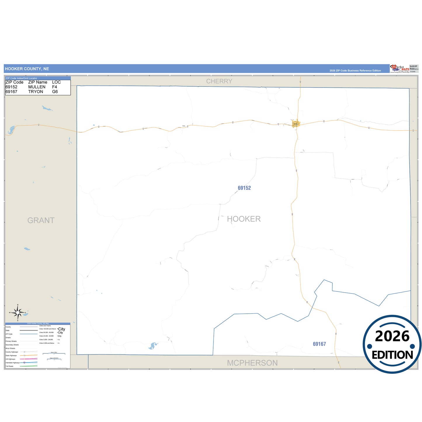 Hooker County, NE Business Reference 5 Digit ZIP Code Wall Map