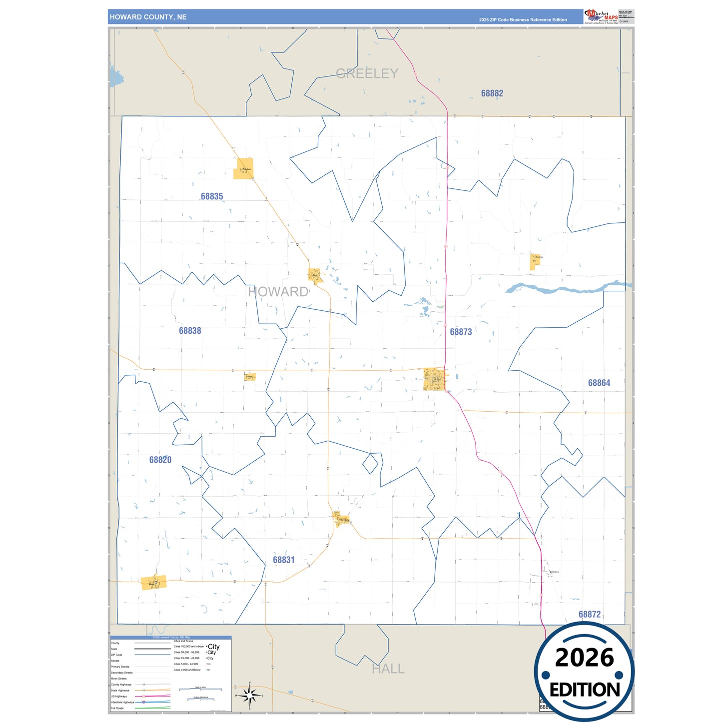 Howard County, NE Business Reference 5 Digit ZIP Code Wall Map