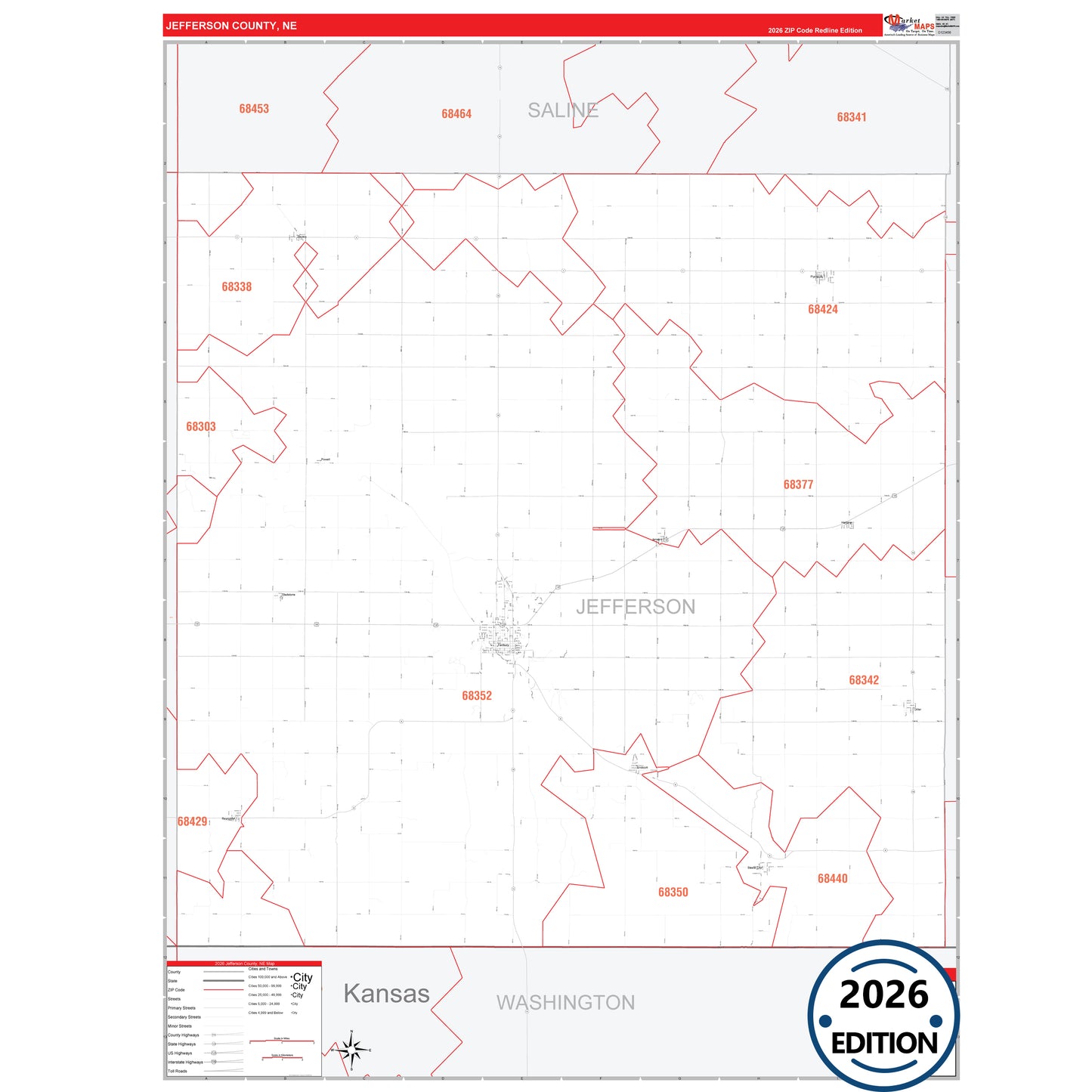Jefferson County, NE Red Line 5 Digit ZIP Code Wall Map