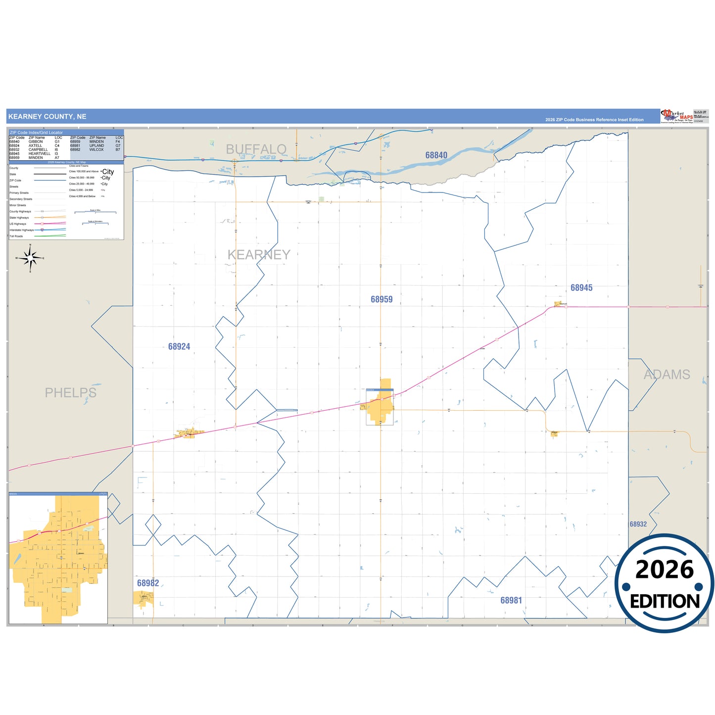 Kearney County, NE Business Reference 5 Digit ZIP Code Wall Map