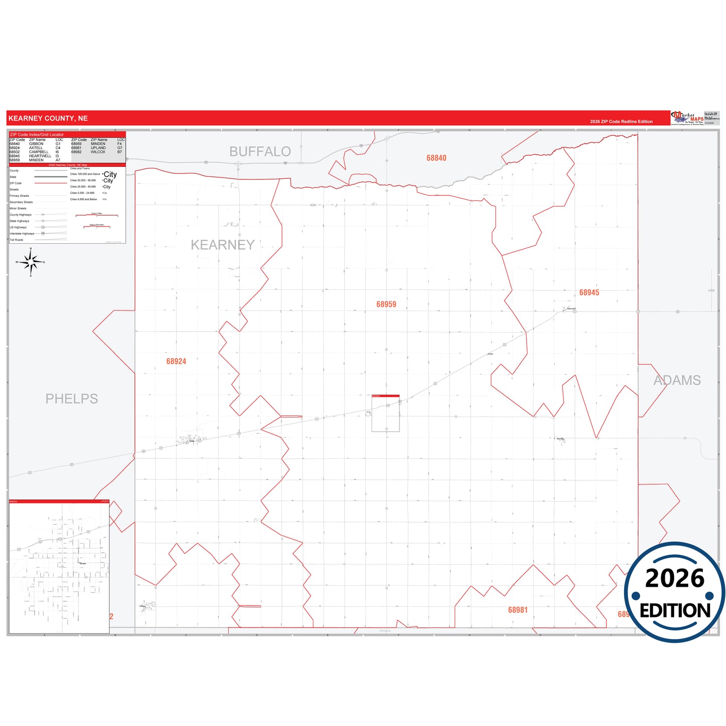 Kearney County, NE Red Line 5 Digit ZIP Code Wall Map