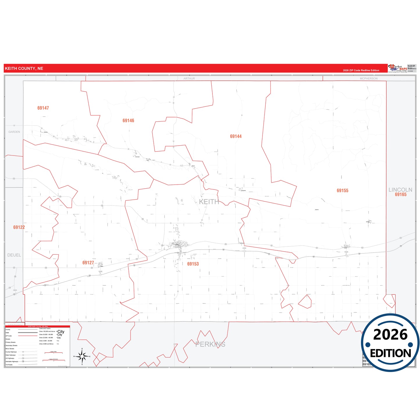 Keith County, NE Red Line 5 Digit ZIP Code Wall Map