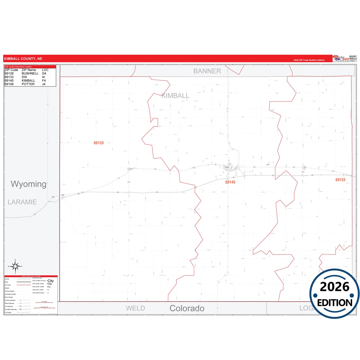 Kimball County, NE Red Line 5 Digit ZIP Code Wall Map