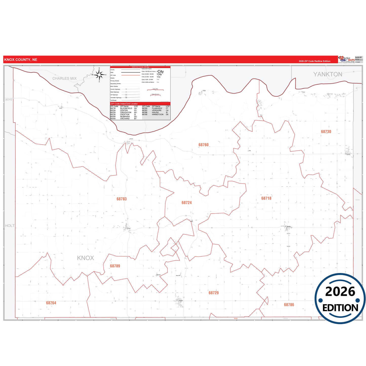 Knox County, NE Red Line 5 Digit ZIP Code Wall Map
