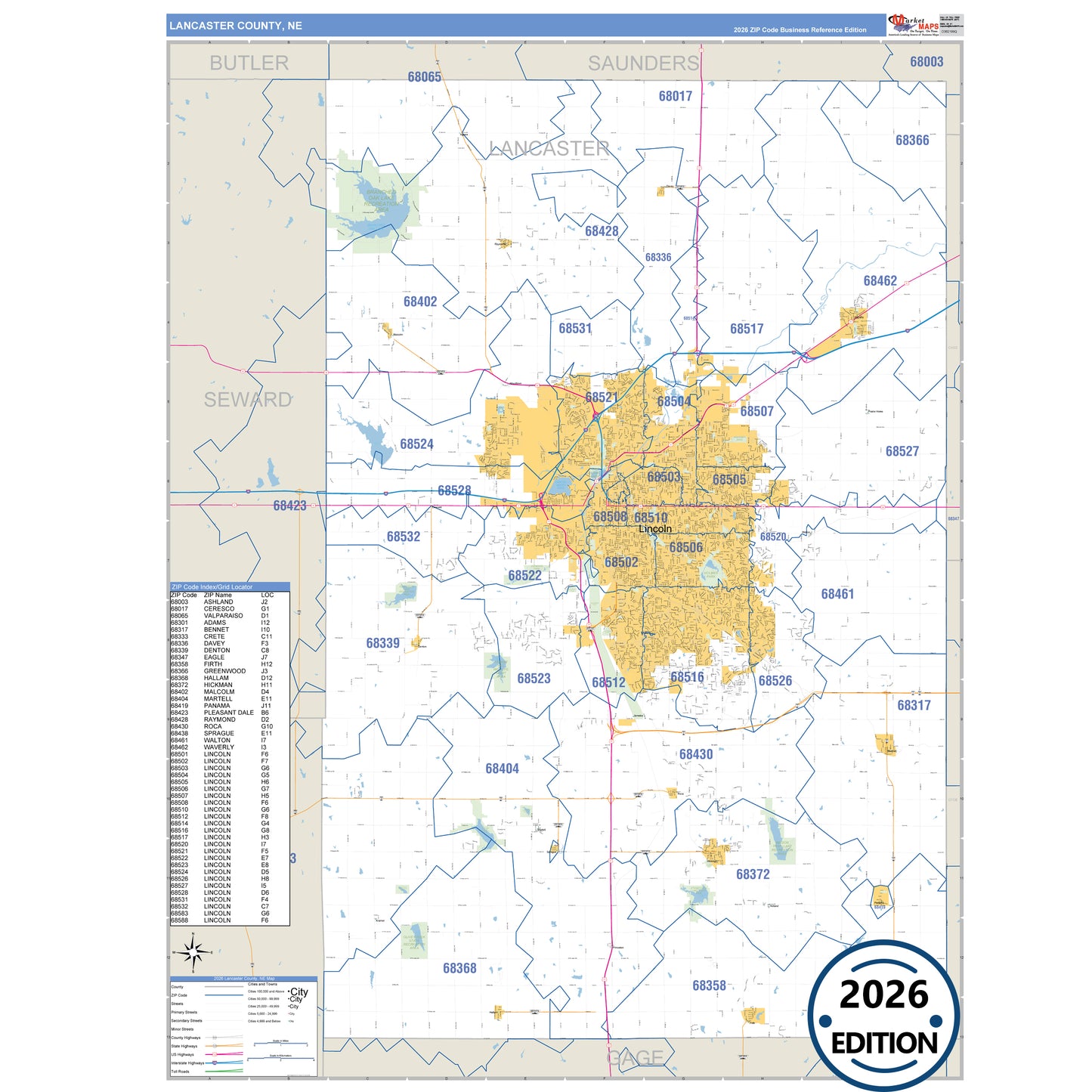 Lancaster County, NE Business Reference 5 Digit ZIP Code Wall Map