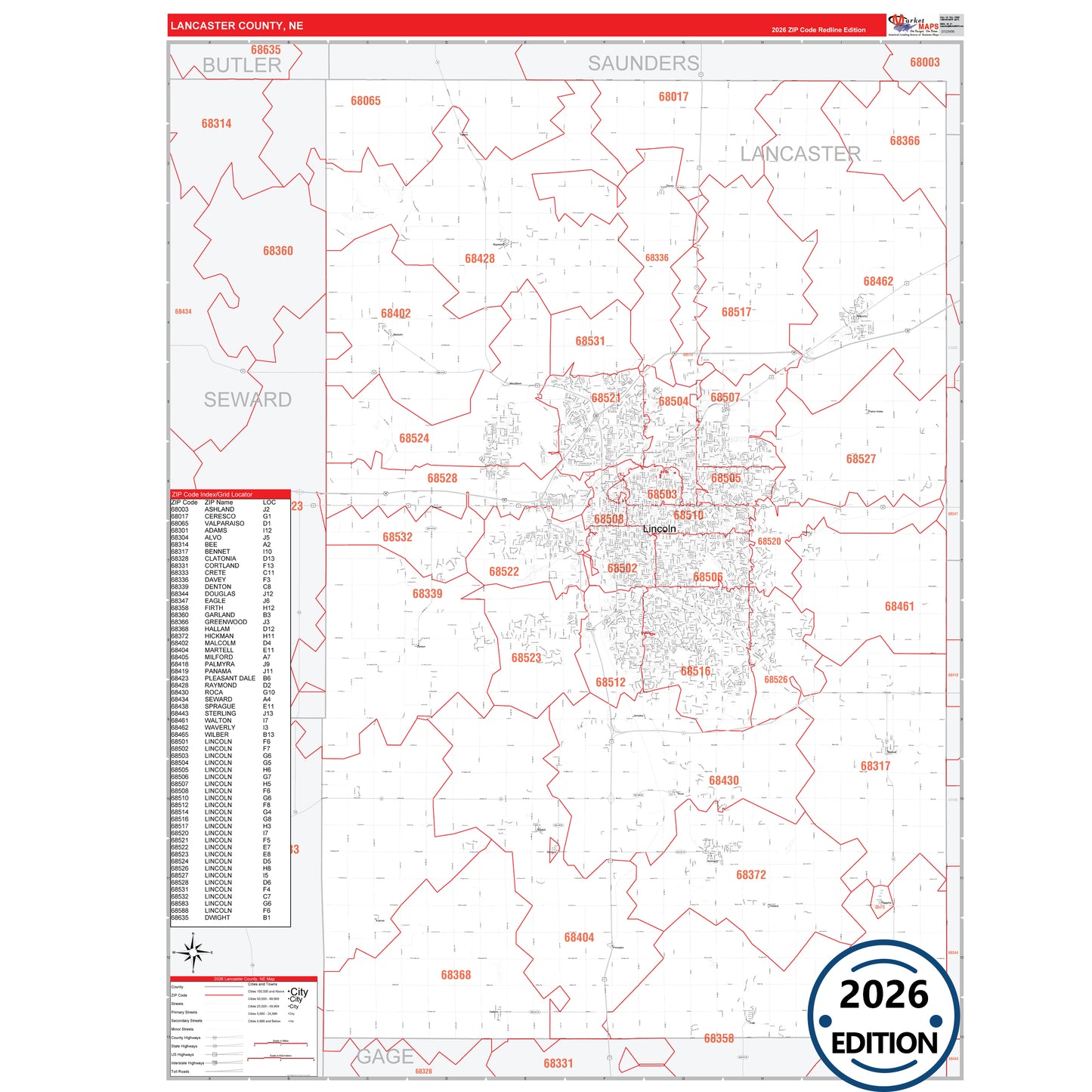 Lancaster County, NE Red Line map with detailed roads, cities, and ZIP code boundaries.