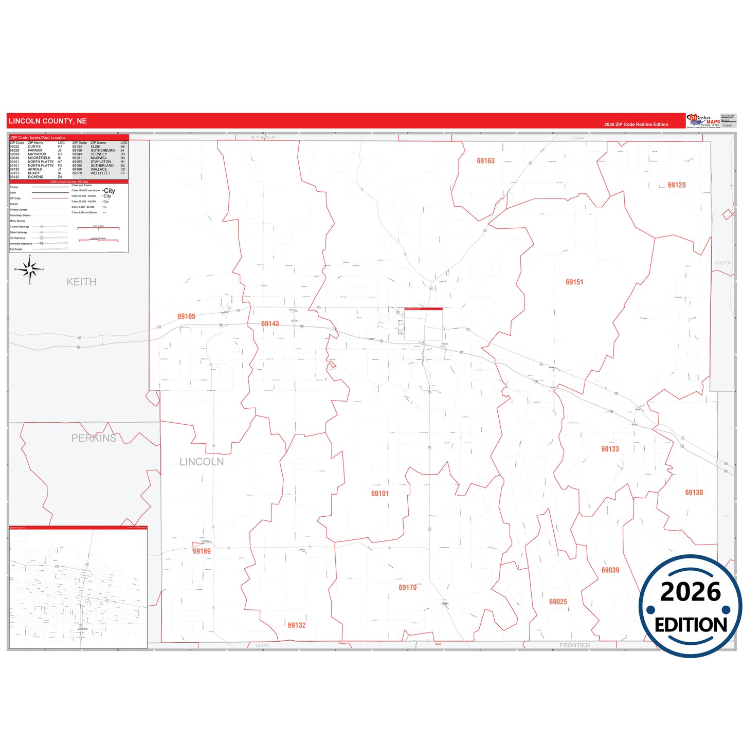 Lincoln County, NE Red Line 5 Digit ZIP Code Wall Map