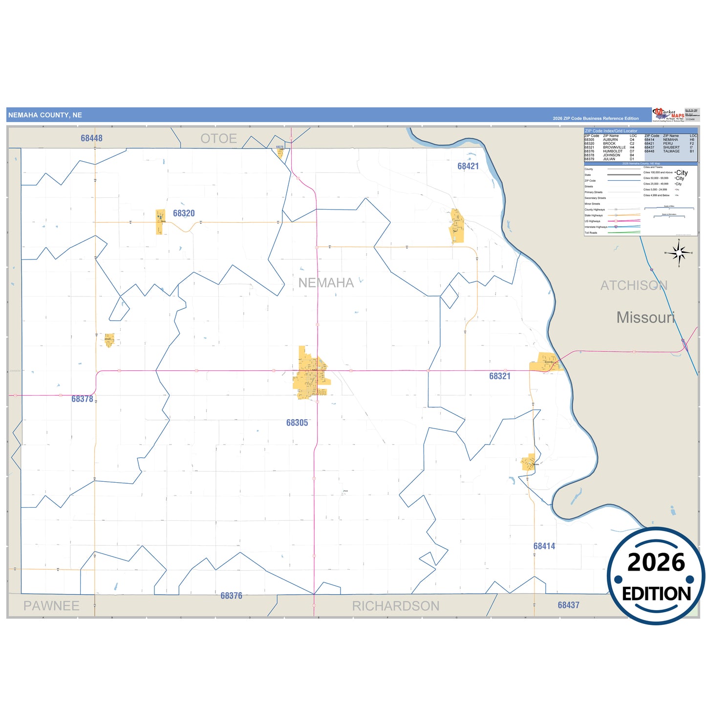 Nemaha County, NE Business Reference 5 Digit ZIP Code Wall Map