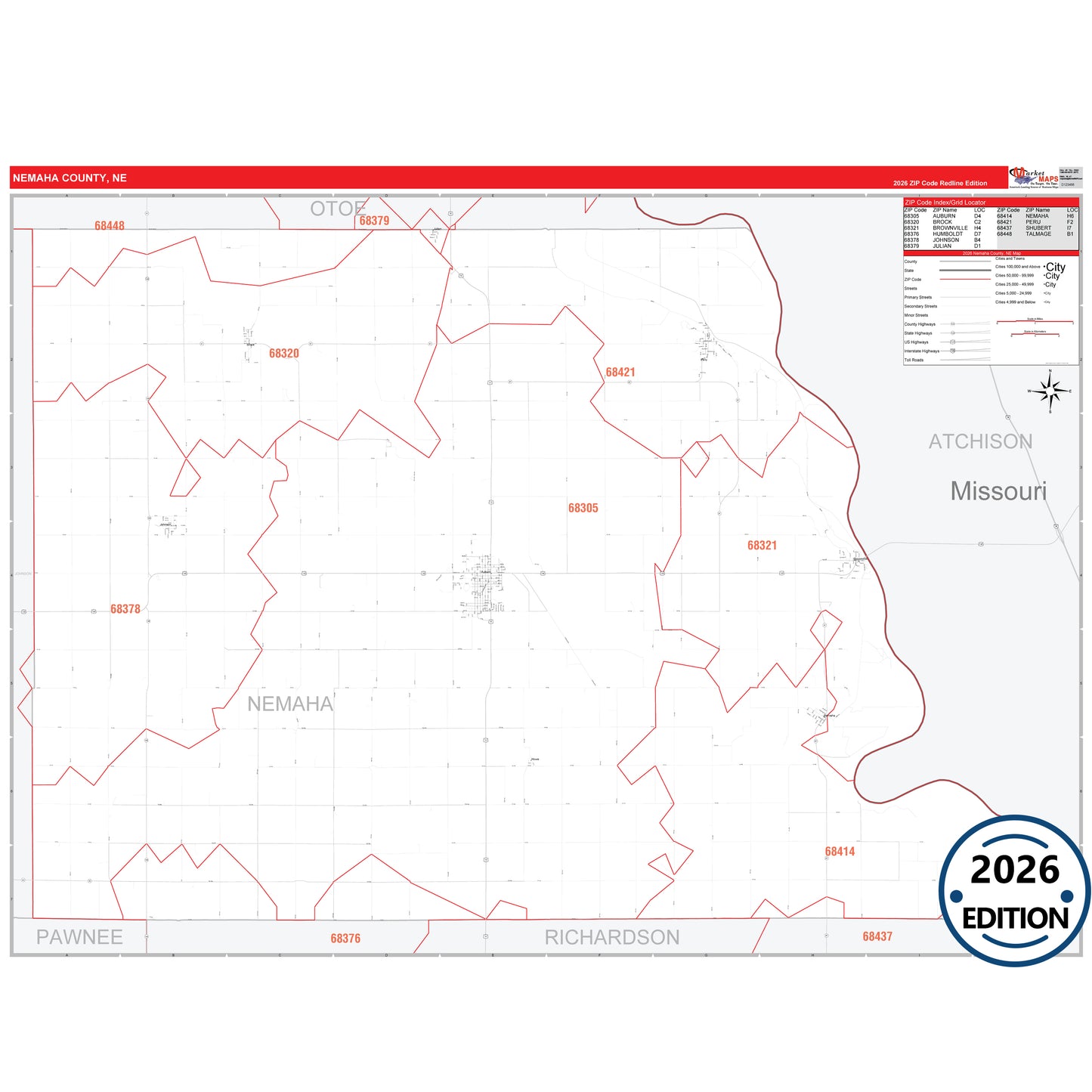 Nemaha County, NE Red Line 5 Digit ZIP Code Wall Map
