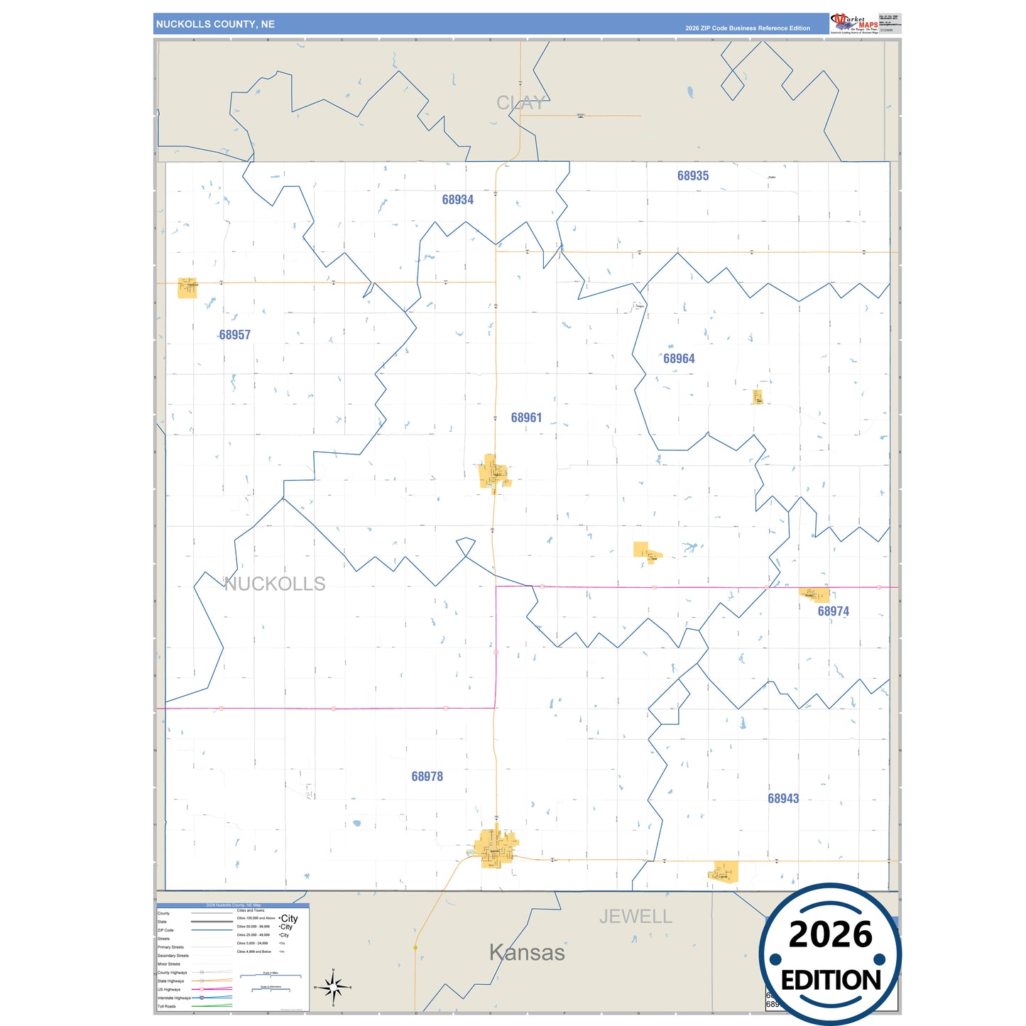 Nuckolls County, NE Business Reference 5 Digit ZIP Code Wall Map