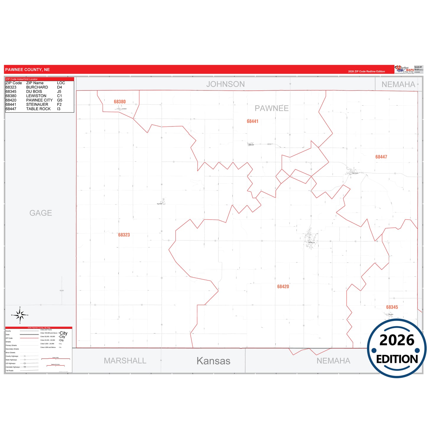 Pawnee County, NE Red Line 5 Digit ZIP Code Wall Map