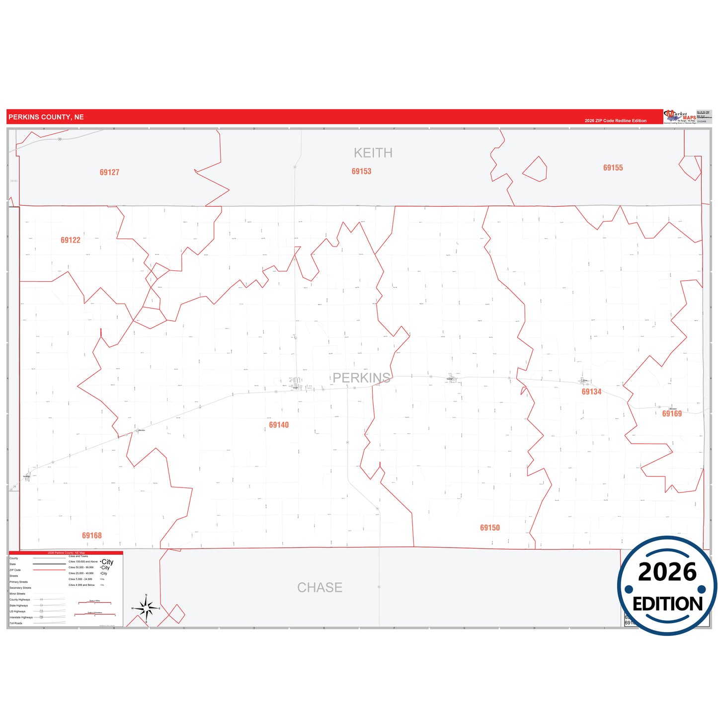 Perkins County, NE Red Line 5 Digit ZIP Code Wall Map