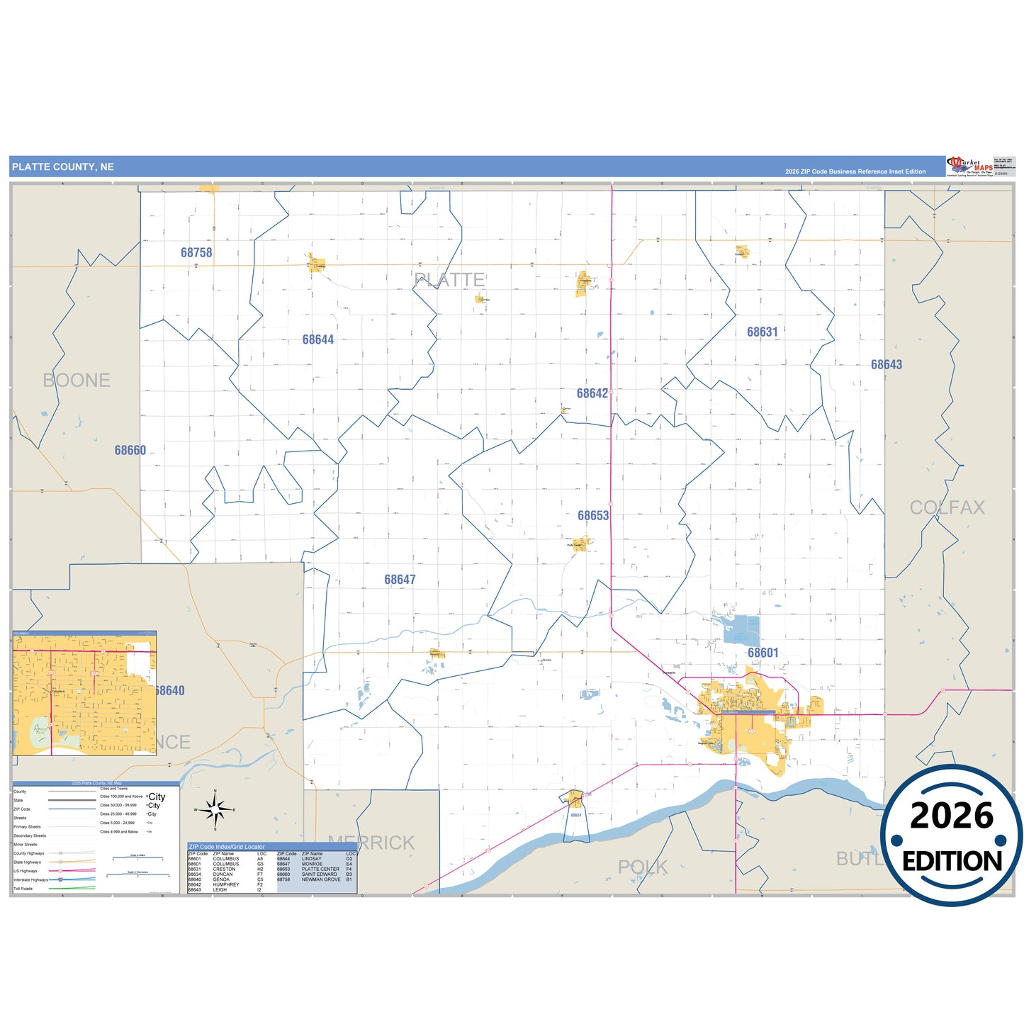 Platte County, NE Business Reference 5 Digit ZIP Code Wall Map