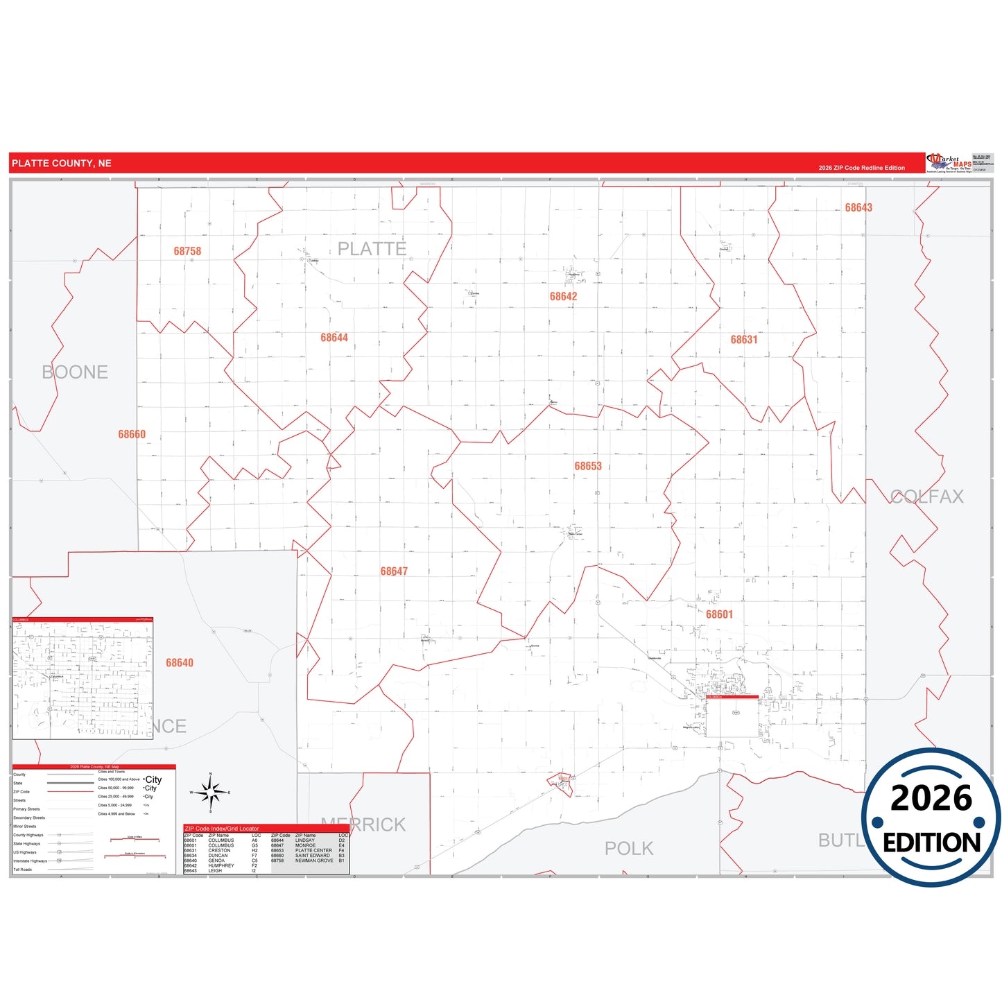 Platte County, NE Red Line 5 Digit ZIP Code Wall Map